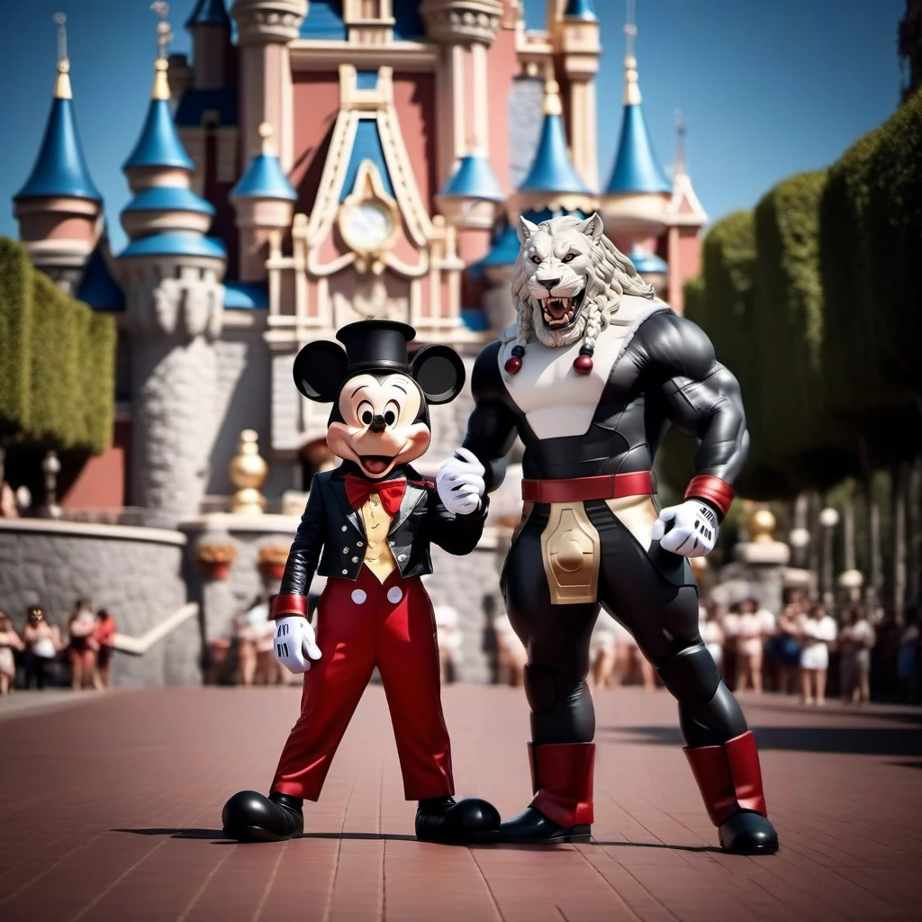 cinematic photo a full body (((anthromomorphic muscular lyon))), posing with mickey at disneyworld <lora:BattleBeast1024:0.9> . 35mm photograph, film, bokeh, professional, 4k, highly detailed