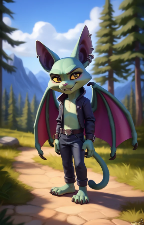 CatBatCrashTeamRumble  <lora:CatBatCrashTeamRumble:0.9>  , yellow sclera, green skin, wings, fangs, pants, piercings, chibi,
textured fur, [Forest, path, trees, sky clouds, mountains,] solo,  looking at viewer, to his full height,  boy male,  wristband on the tail,
[by personalami], by smitty g, [[[by Foxovh]]], [[by Ross Tran]]