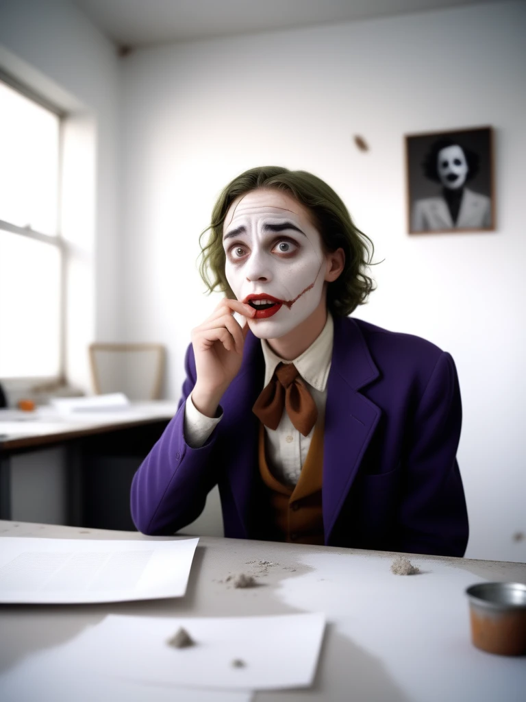 photo cinematic of surprised joker , which is a person who studies entropy; a scientist kind of, eerie, realistic, desolate dusty office full of dirty papers
barnum-melancholy, white theme , white walls background, grit, (rust:0.65), cracks, cracked surface, subtle messy, dust, weary, edges rusty dusty, surface scratches, peeled sun bleeched paint, smudges, crumbles, rugged, used