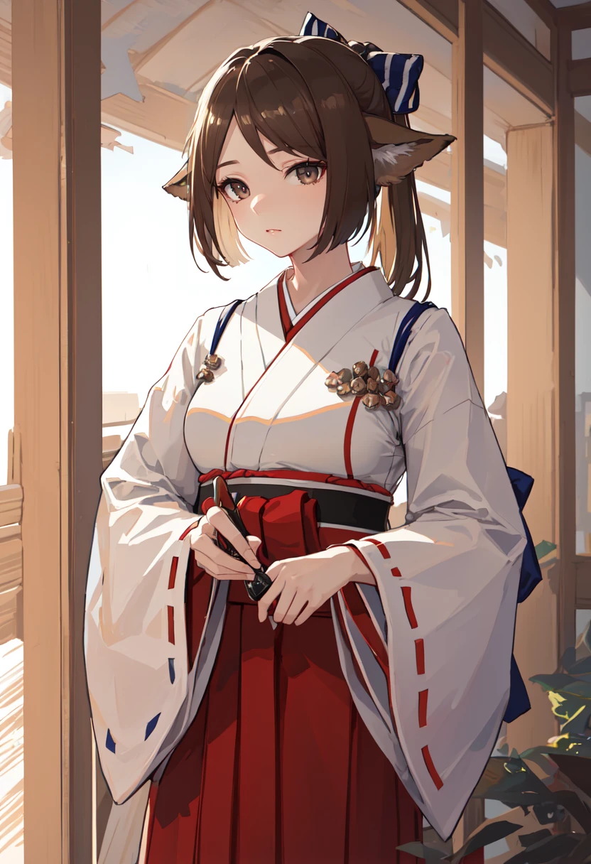 best quality, masterpiece, highres, solo, (perfumer_arknights:1.10), (white kimono:1.35), (red hakama:1.35), (wide sleeves:1.20), 17 <lora:perfumer_arknights:0.80>