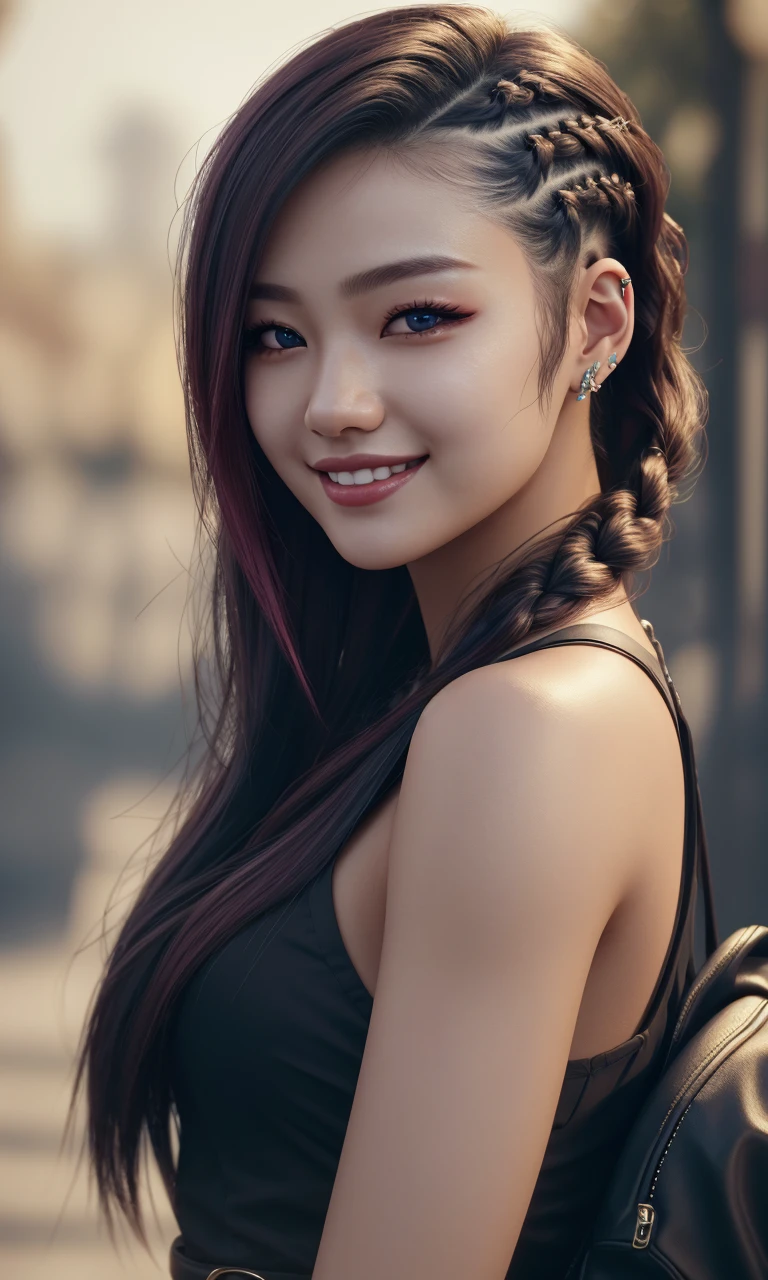 brundercut2024, 1girl,  photorealistic, best quality, masterpiece, raw image, depth of field, smile, detailed skin, uhd, 8k, detailed eyes, cinematic lighting, undercut, Korean pop star, asian