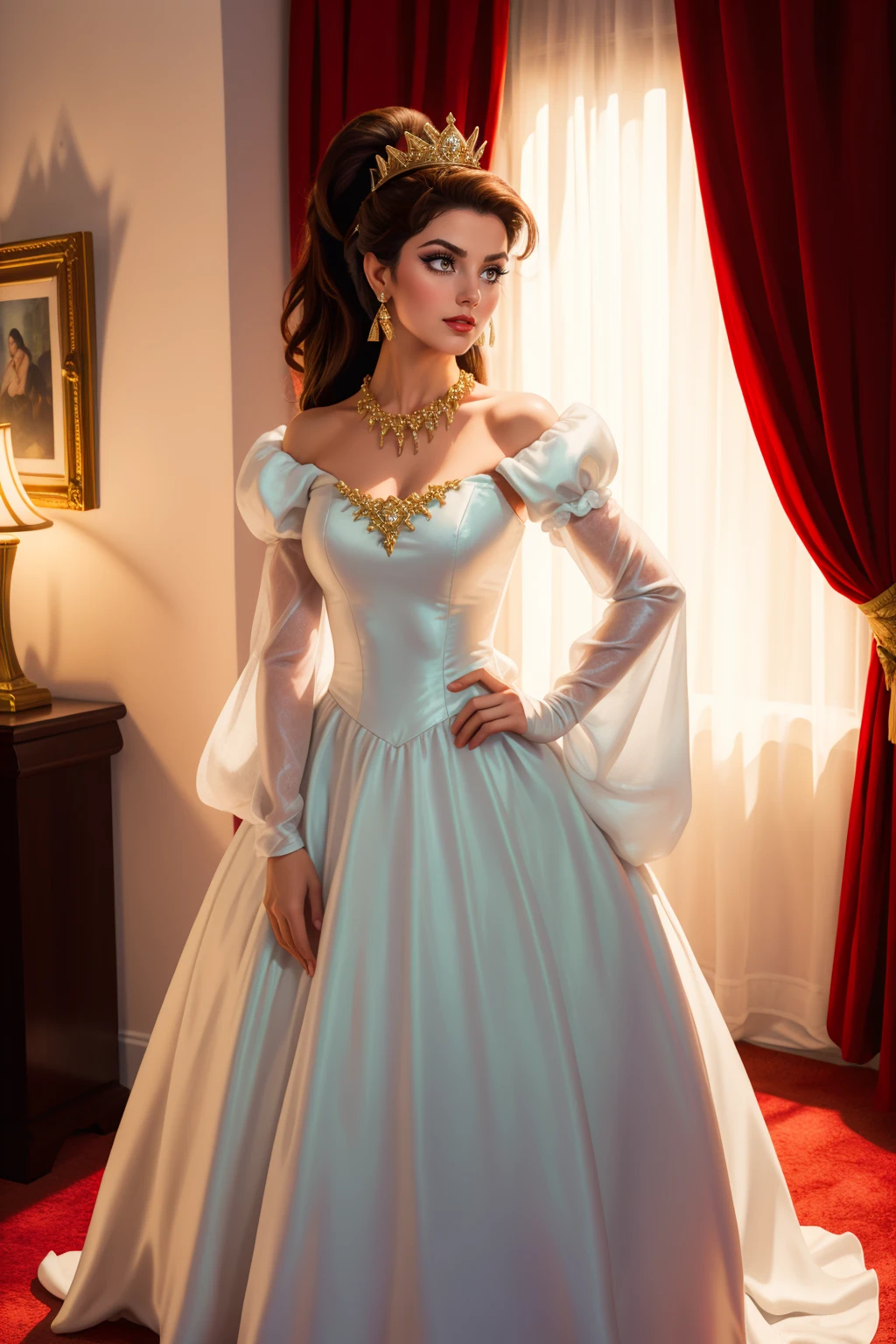 adult beautiful tall woman, (voluminous puffy sleeves) ,solo, standing, eyeliner, eyeshadow, makeup, red lips , best quality, high quality, high detail, 8k, highres, <lora:SBG2-46:0.65> dr3ss, jasmine \(aladdin\), dark hair, metal collar, (high ponytail), tiny crown, persian woman, (smirk), cross-cross halter top, long bright red:1.2 dress<lora:Addon_MetalCollar:0.8> foil, glitter, white dress, ballgown, hair ribbons,, long sleeves, standing, full body, necklace, earrings, Timeless Art Deco Master Bedroom, Geometric patterns, glossy surfaces, and a glamorous chandelier, epitomizing the opulence of the Art Deco era. , hand on hip <lora:Style_inzaniak-Technicolor:0.2> <lora:Tweak_EpiNoiseoffset-v2:1>, dark, moody, ((rim lighting, chiaroscuro))