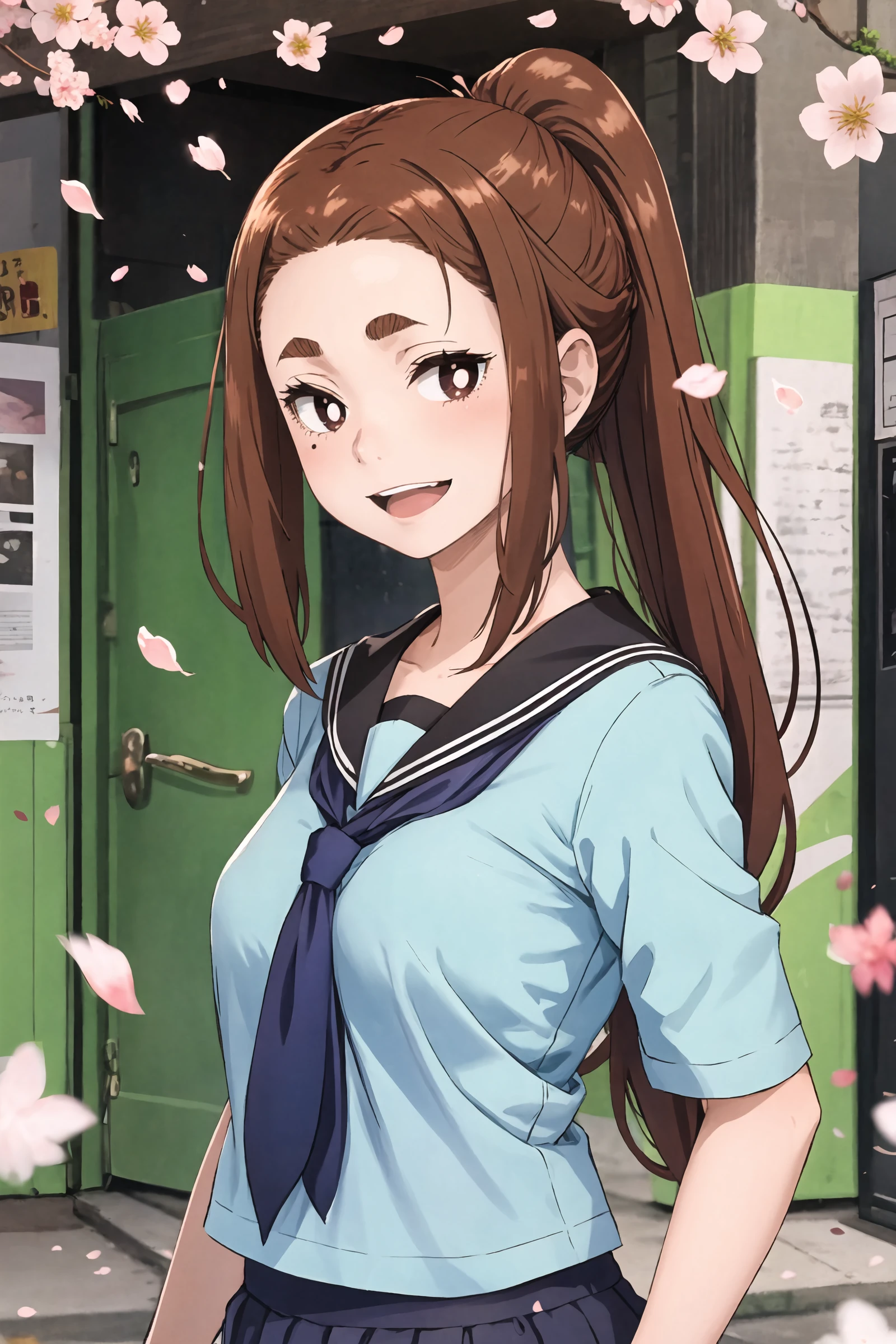 1girl, ogawa sumireko,  solo, white pupils, ponytail, asymmetrical bangs, aged down, medium breasts, serafuku, smile, open mouth, looking at viewer, outdoors, street, standing, cowboy shot, double v, cherry blossoms, petals, depth of field