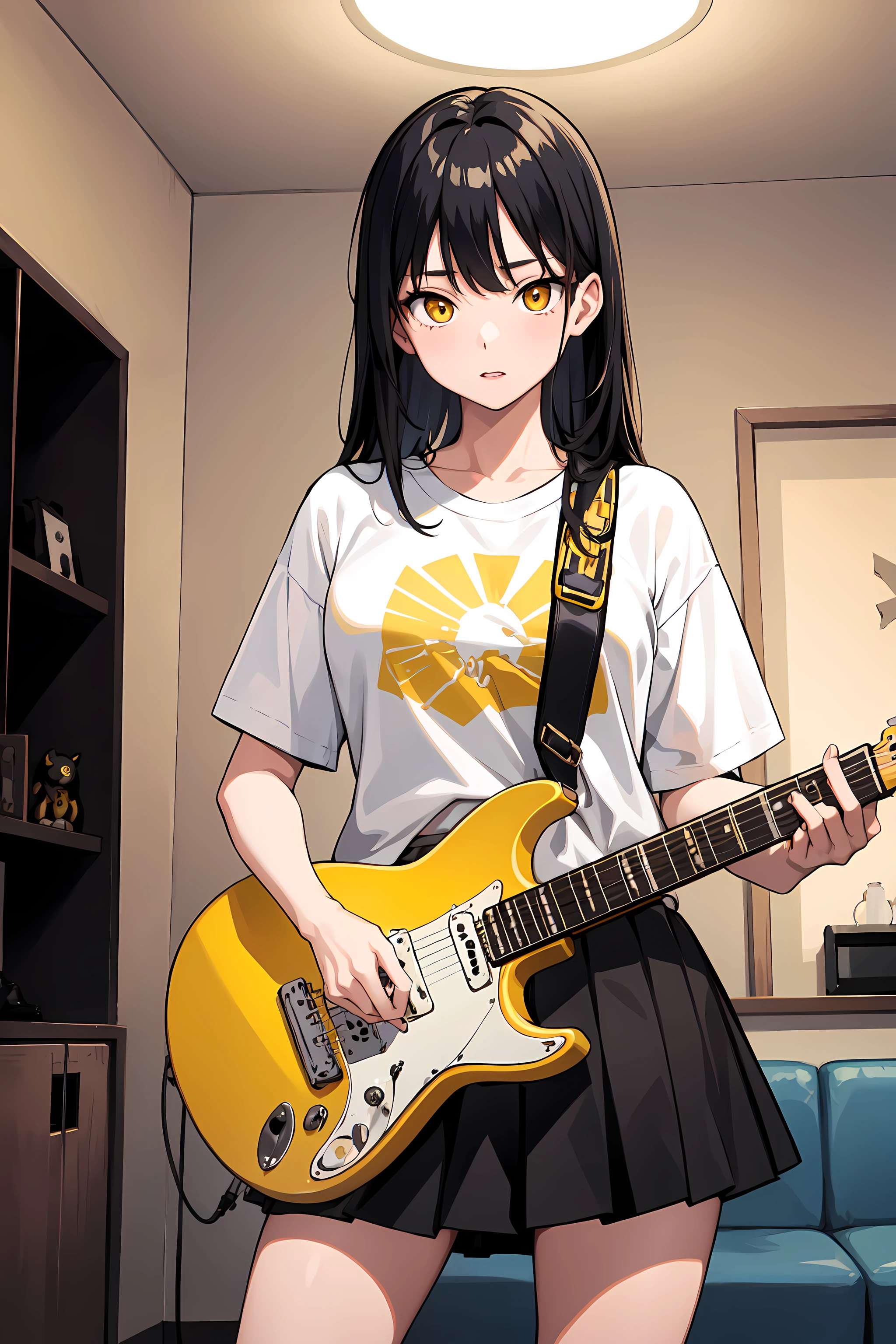 masterpiece, best quality, 1girl, solo, electric guitar, playing guitar, shirt, skirt, black hair, yellow eyes, living room