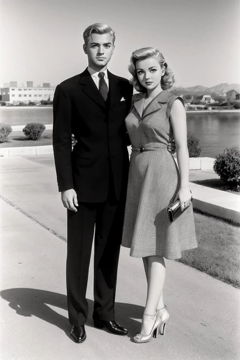 hud_40s_lv, monochrome, greyscale, 1girl,  blonde hair, high heels, 1boy, suit, dress, film grain, cinematic, <lora:1940s_RS15-000008:0.8>, outdoors, looking at viewer