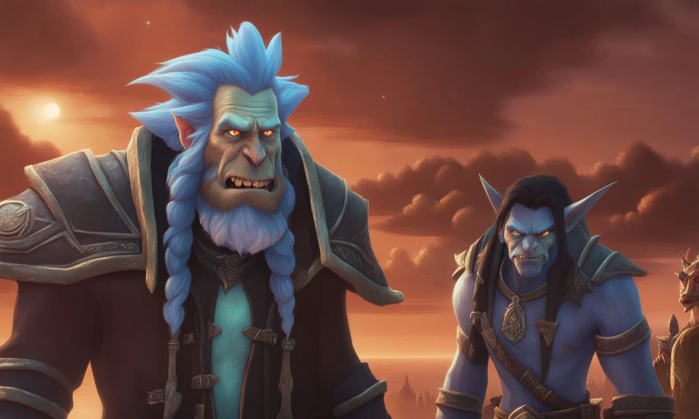 Rick Sanchez World of Warcraft cinematic style <lora:SDXL-World-of-Warcraft-cinematic-style-Lora-r32:0.8>