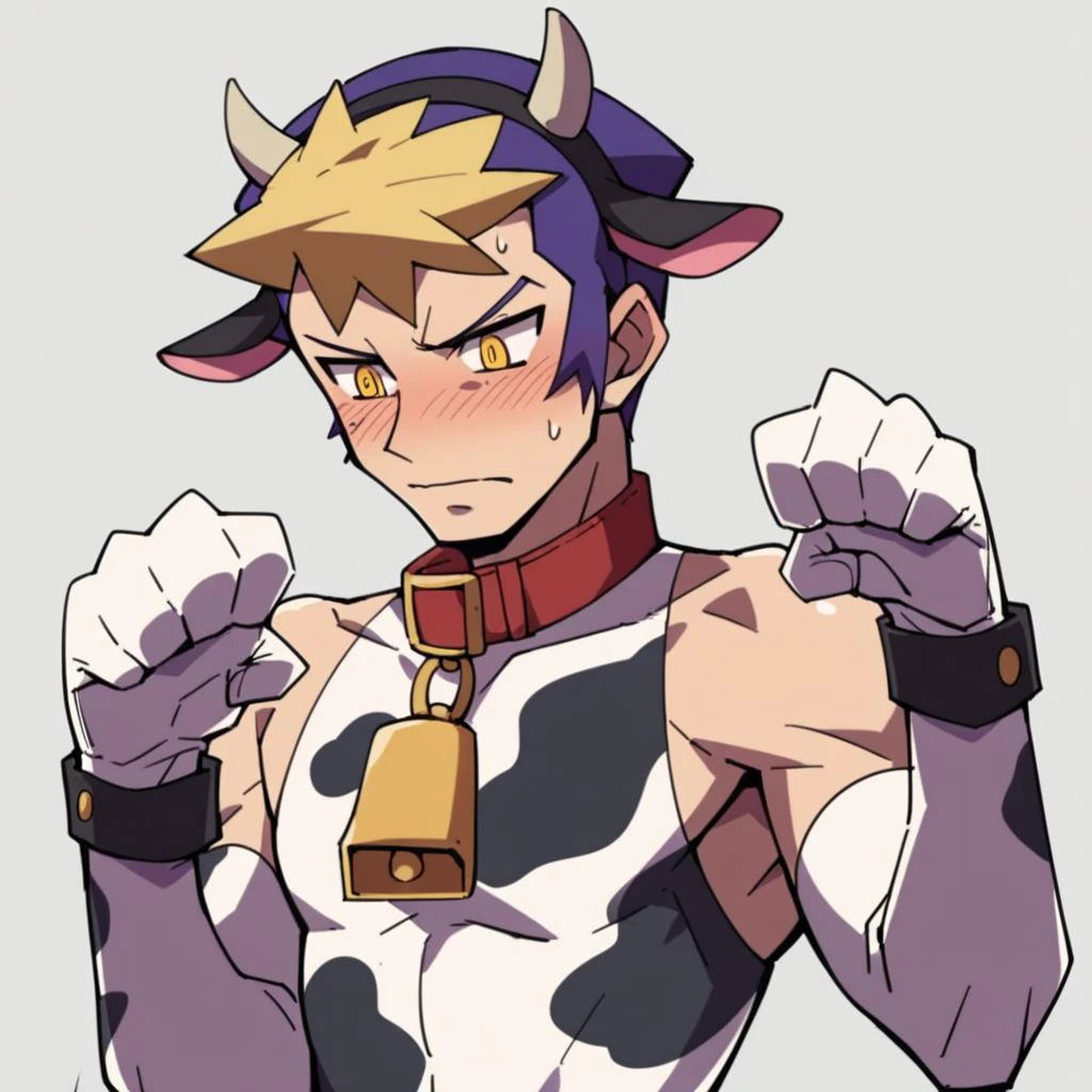 score_9,score_8_up,score_7_up,score_6_up,score_5_up,score_4_up,  solo, 1boy, male focus, solo, two-toned hair, purple hair, blonde hair, short hair, yellow eyes, blush, paw pose, cow print, fake animal ears, fake cow ears, fake horns, white bodysuit, sleeveless, cow bell, gloves, embarassed