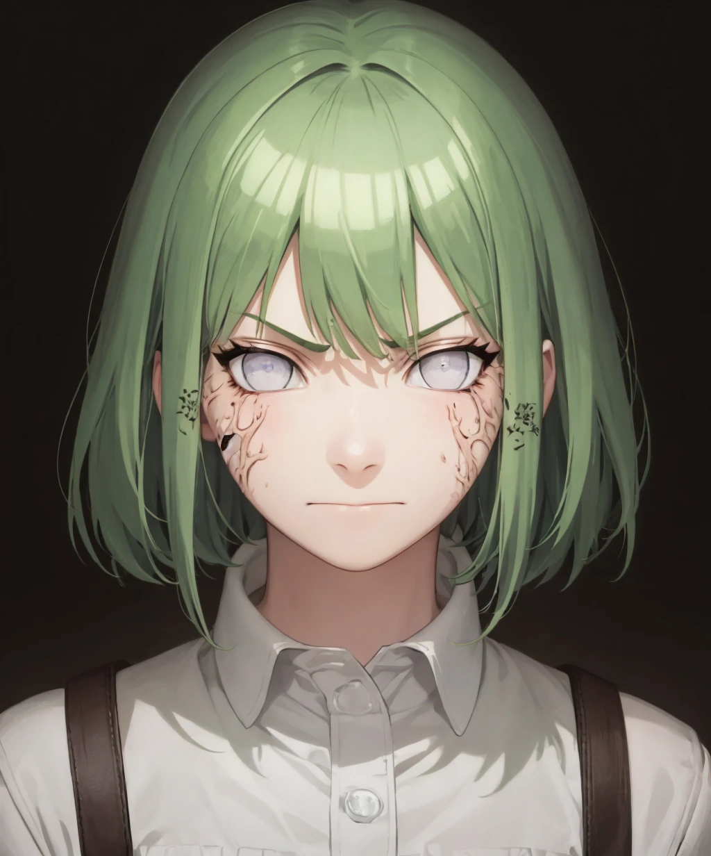 veins,white eyes,anger vein,1girl,solo,green hair,looking at viewer,closed mouth,upper body,smile,frown,facial mark,serious,<lora:byakugan-05:1>,