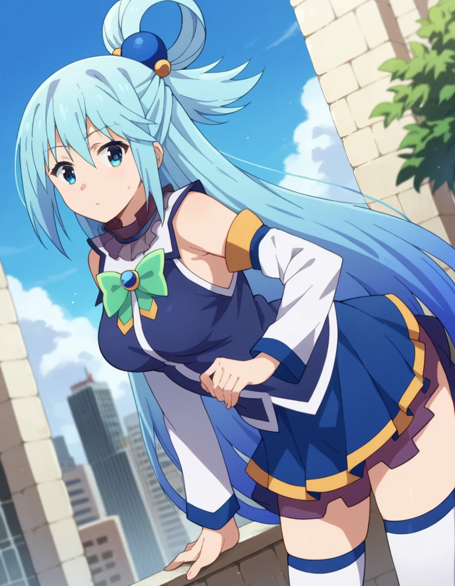 score_9, score_8_up, score_7_up, source_anime,
konosubaaqua, <lora:konosuba-aqua-s2-ponyxl-lora-nochekaiser:1>,
aqua \(konosuba\), long hair, blue eyes, hair ornament, very long hair, blue hair, hair rings, single hair ring, hair bobbles,
skirt, shirt, thighhighs, bare shoulders, detached sleeves, white thighhighs, blue skirt, blue shirt, green bow,
outdoors, cityscape, bent over,
looking at viewer, cowboy shot, dutch angle,