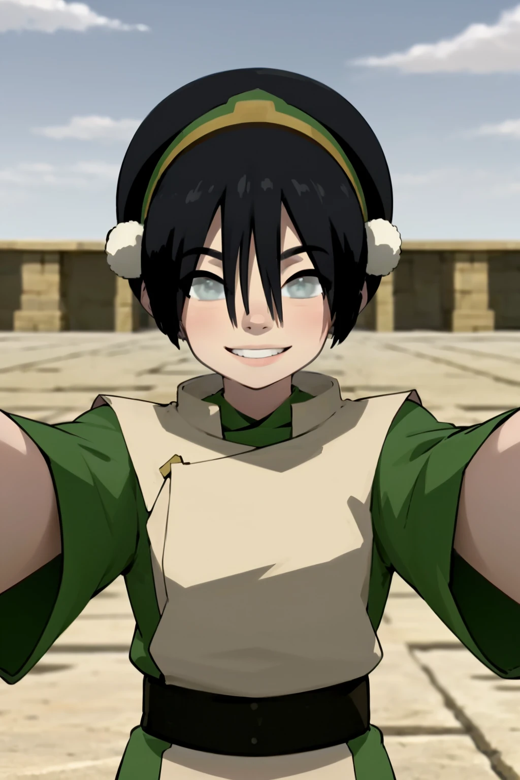 masterpiece, best quality, 1girl, toph, bangs, black hair, blind, grey eyes, hair between eyes, hair bun, hairband, short hair, short sleeves, tunic, chinese clothes,, kabedonpov, smile, upper body, looking at viewer, solo, outdoors, vibrant color   <lora:Toph:1> <lora:GrabbingViewer:1>