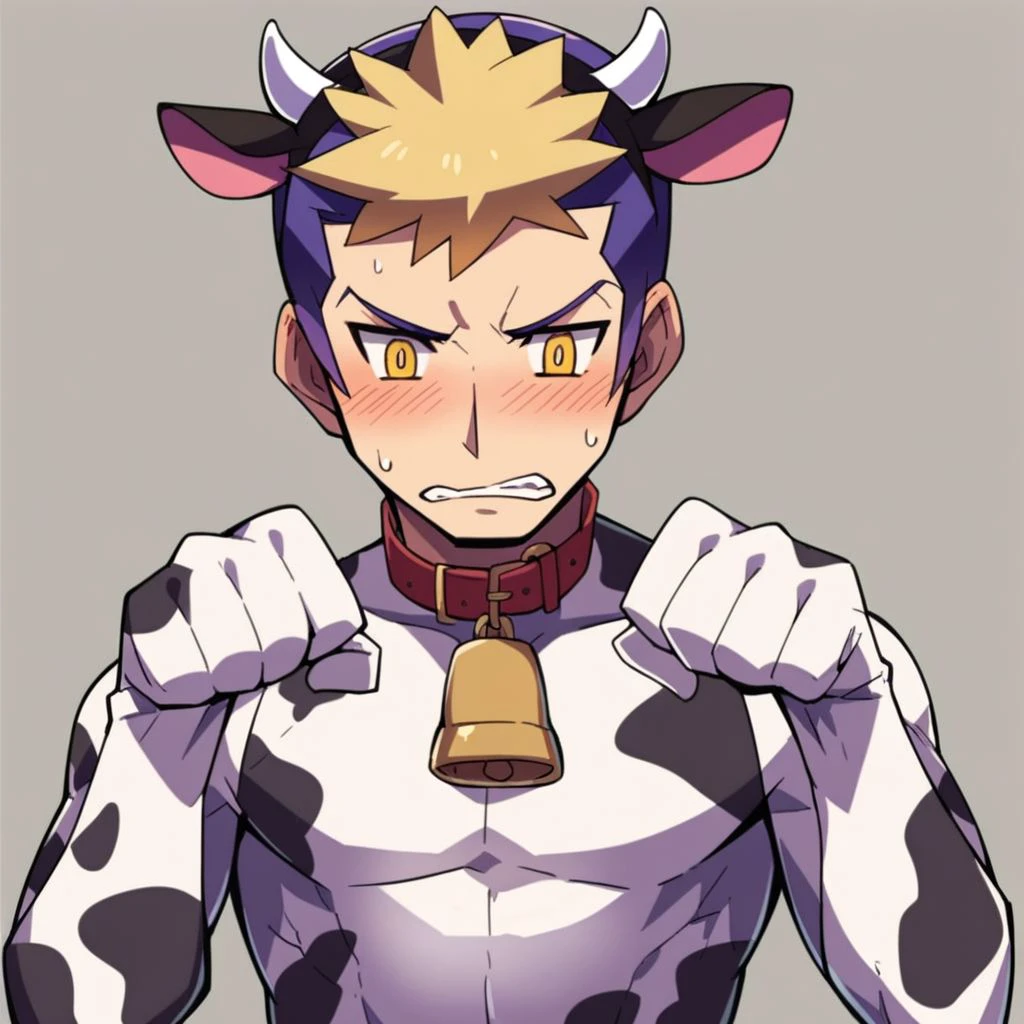 score_9,score_8_up,score_7_up,score_6_up,score_5_up,score_4_up,  solo, 1boy, male focus, solo, two-toned hair, purple hair, blonde hair, short hair, yellow eyes, blush, paw pose, cow print, fake animal ears, fake cow ears, fake horns, white bodysuit, sleeveless, cow bell, gloves, embarassed