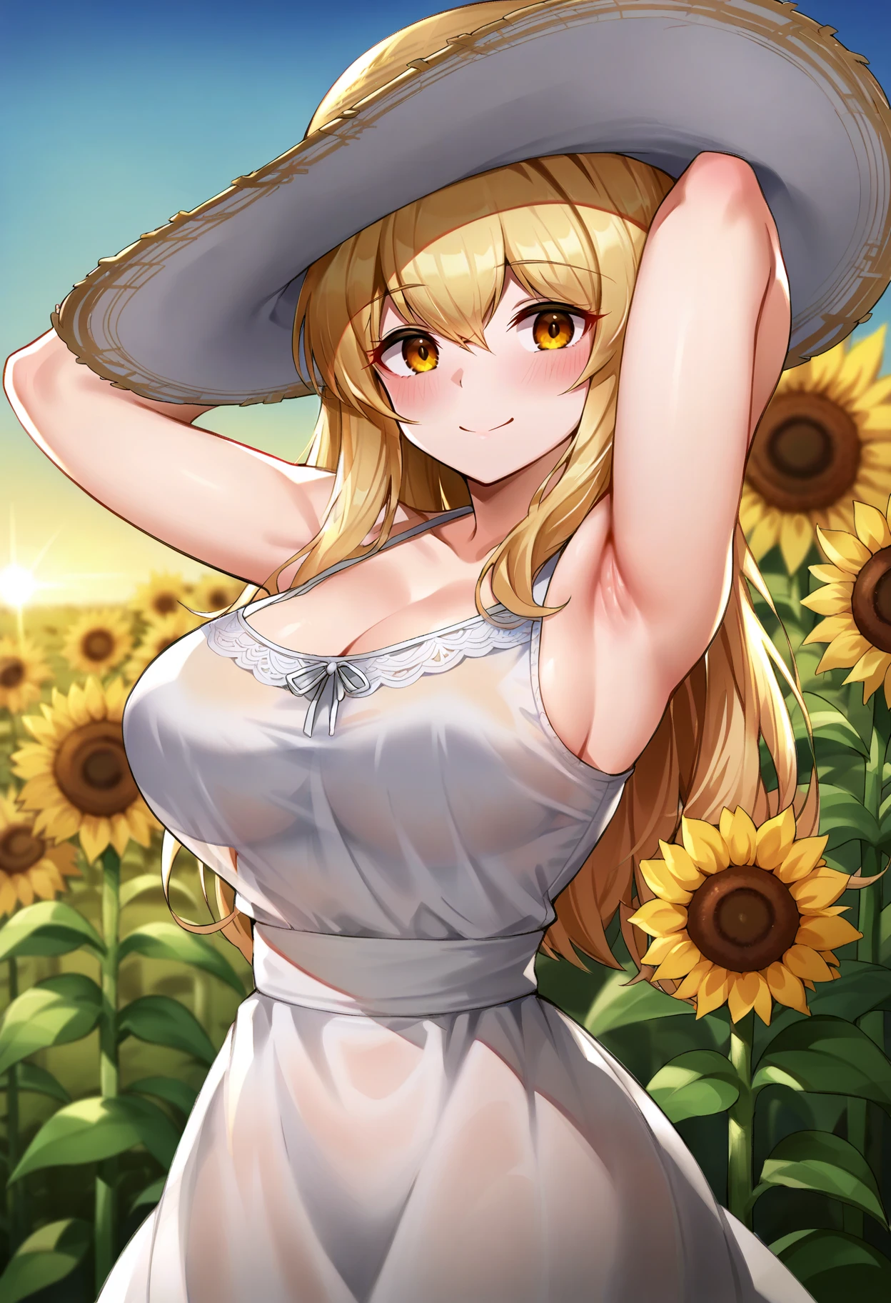 score_9, score_8_up, score_7_up, score_6_up, score_5_up, score_4_up, 
simple background, gradient background, 
refraction, caustics, rim lights, backlighting, bloom, 
BREAK
source_anime, day, outdoors, sky, flower field, sunflower, sunflower field, sunset, 
BREAK
1girl, sundress, sunhat, blonde hair, large breasts, see-through silhouette, happy, hair between eyes, 
arms up, armpits, light smile, 
<lora:Milimon-v1-PDXL:1>