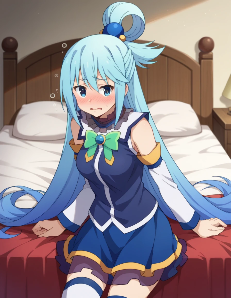 score_9, score_8_up, score_7_up, source_anime,
konosubaaqua, <lora:konosuba-aqua-s2-ponyxl-lora-nochekaiser:1>,
aqua \(konosuba\), long hair, blue eyes, hair ornament, very long hair, blue hair, hair rings, single hair ring, hair bobbles,
skirt, shirt, thighhighs, bare shoulders, detached sleeves, white thighhighs, blue skirt, blue shirt, green bow,
indoors, bed, bed room, on side, blush, drunk,
looking at viewer, cowboy shot, dutch angle,