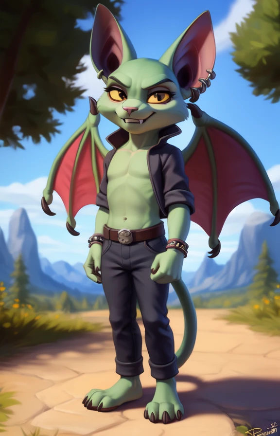 CatBatCrashTeamRumble  <lora:CatBatCrashTeamRumble:0.9>  , yellow sclera, green skin, wings, white fangs,, pants, piercings, chibi,
textured fur, [Forest, path, trees, sky clouds, mountains,] solo,  looking at viewer, to his full height,  boy male,  wristband on the tail,
[by personalami], by smitty g, [[[by Foxovh]]], [[by Ross Tran]]