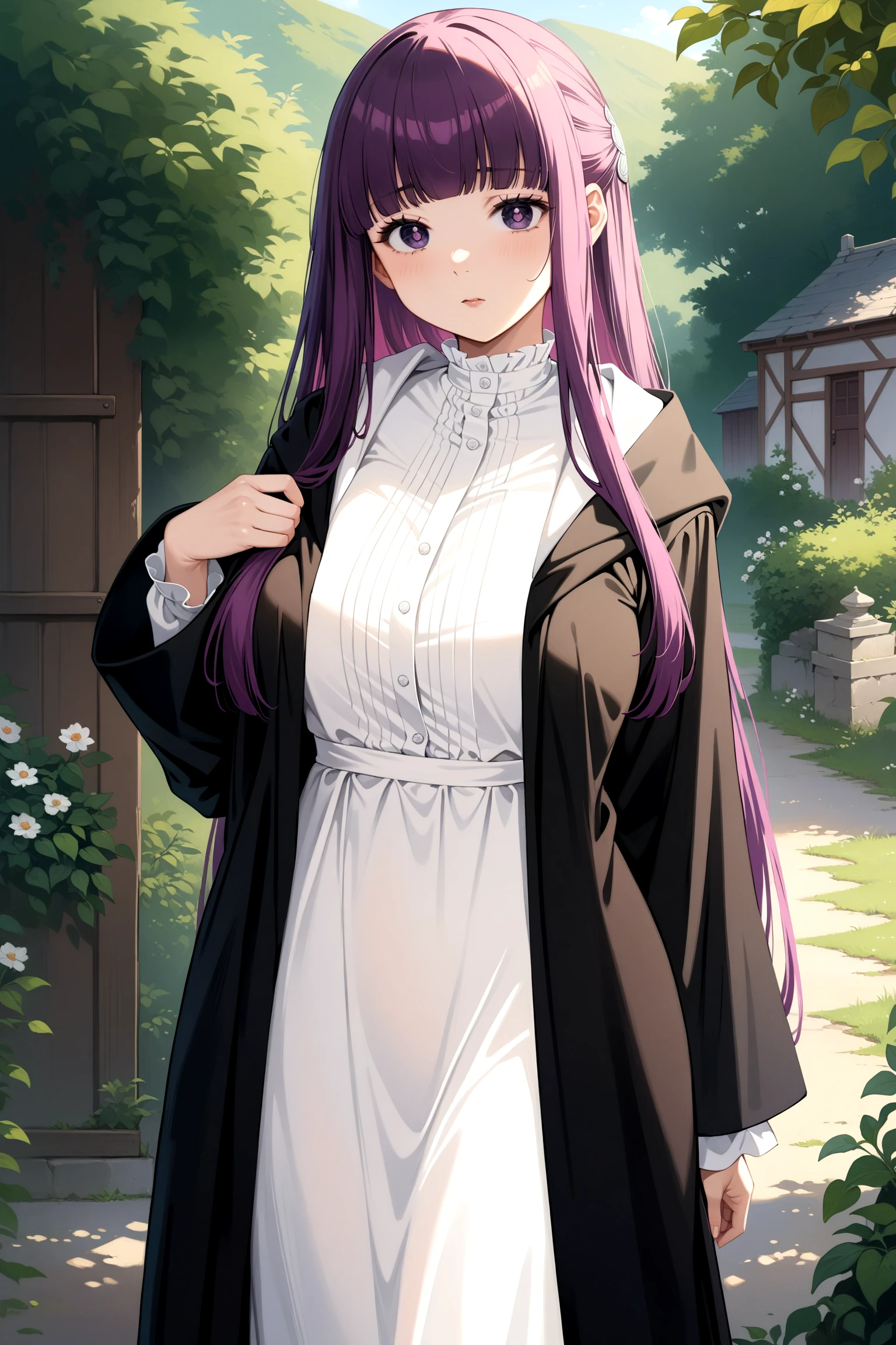 sousou no frieren, aafern, long hair, blunt bangs, long dress, white dress, black robe, long sleeves, <lora:fern_xl_(animagine)_v1:0.9>, standing, cowboy shot, outdoors,
(masterpiece, best quality, very aesthetic, ultra detailed), intricate details, 4k