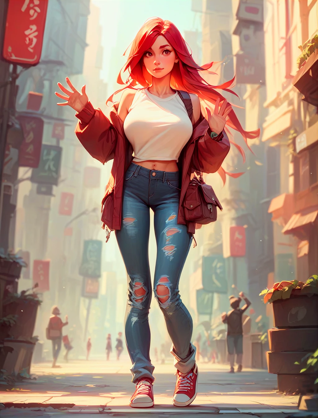 score_9, score_8_up, score_7_up, 1girl, red hair, full body, city backround, waving, large breasts <lora:TrianglePony:1>