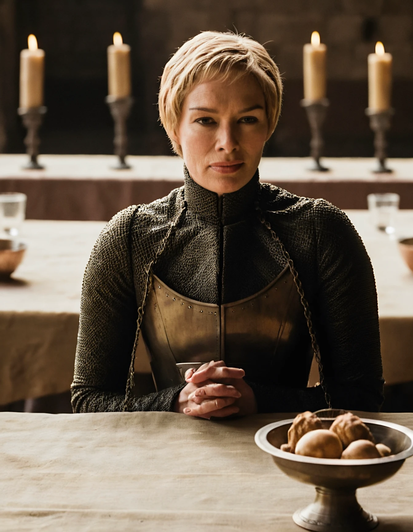 high resolution photo of crsi woman with short blonde hair,full body shot,at medieval table