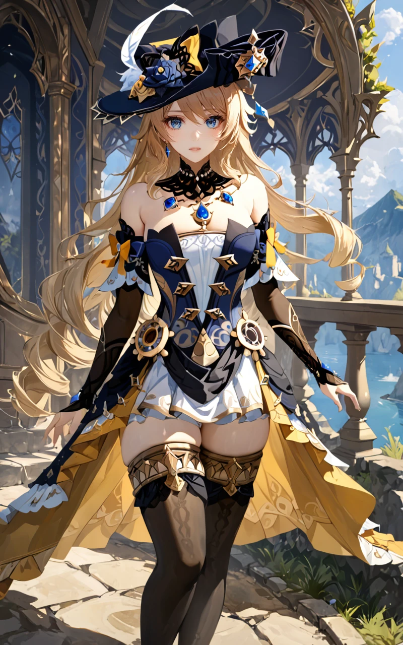 extreme detailed 1girl, masterpiece, ultra-detailed, an extremely delicate and beautiful, solo, navia /(genshin impact/), blue eyes, messy hair, dress, detached sleeves, jewelry, black thighhighs, hat, stay, outdoor, <lora:Navia_XL_LoRA:1>,  <lora:Desolation:0.5> <lora:aesthetic_anime_v1s:0.6>