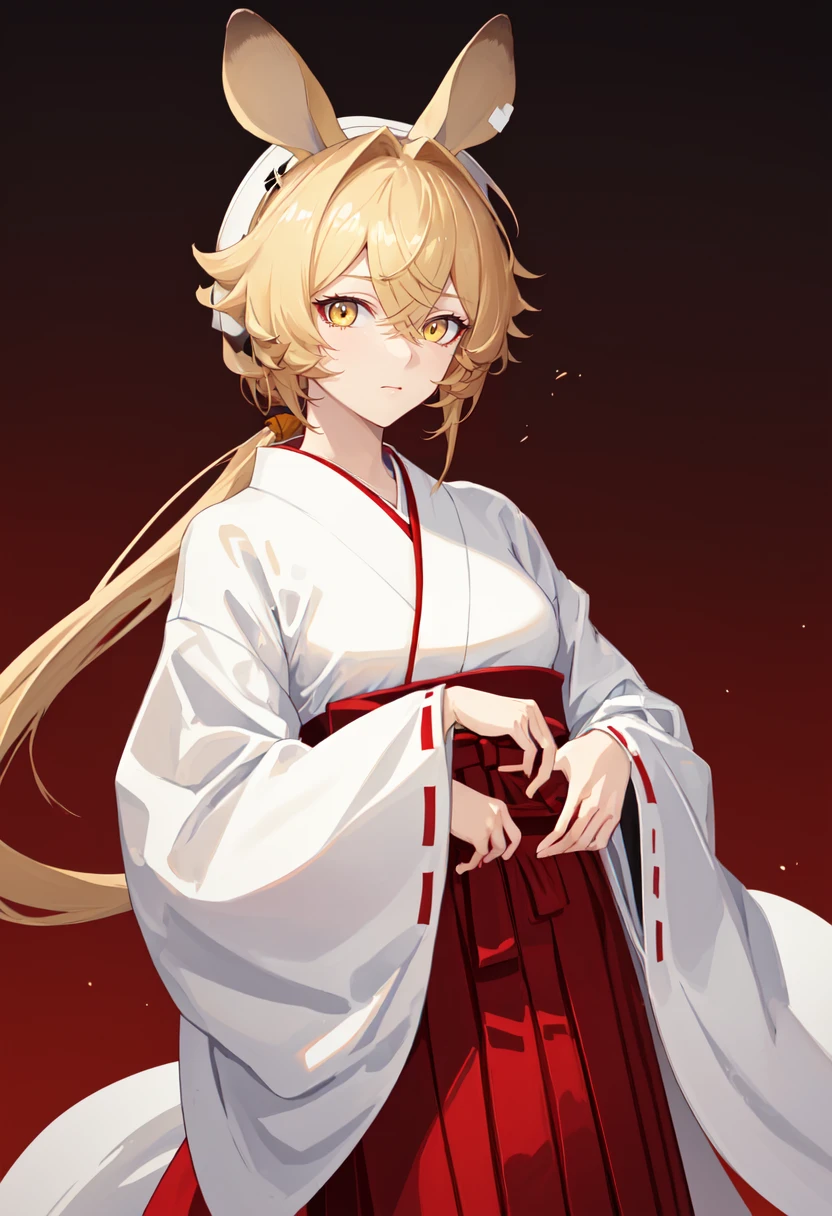 best quality, masterpiece, highres, solo, (dorothy_arknights:1.10), (white kimono:1.35), (red hakama:1.35), (wide sleeves:1.20), 23 <lora:dorothy_arknights:0.80>