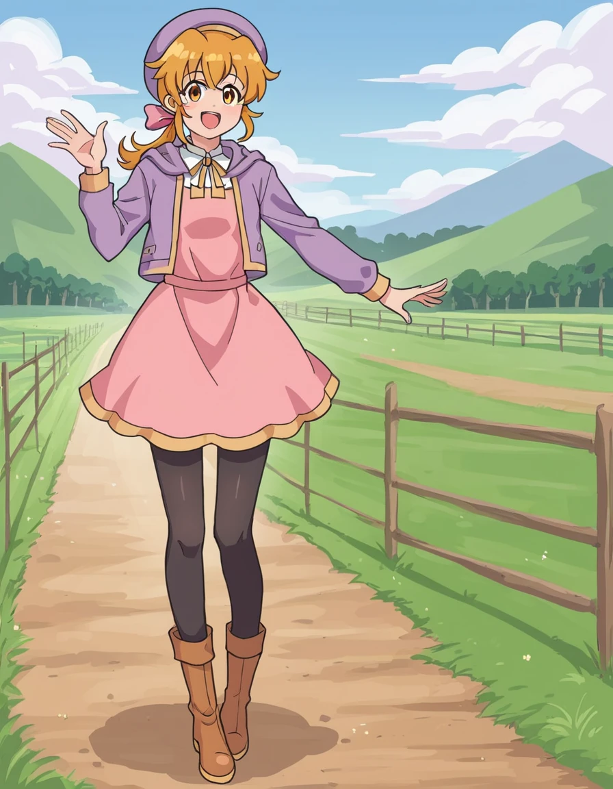 score_9, score_8_up, score_7_up, score_6_up BREAK source_anime,1girl,eleanor,<lora:EleanorPony:1>,solo,standing,happy,:d,pink dress,purple jacket,hat,beret,ribbon,ponytail,neck ribbon,black pantyhose,boots,outdoors,in farmer's field,full body