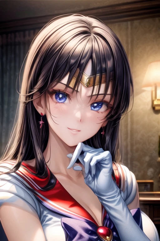 (masterpiece:1.2), best quality, high resolution, unity 8k wallpaper, (illustration:0.8), (beautiful detailed face:1.2, beautiful detailed eyes:1.2), perfect lighting, extremely detailed CG, (perfect hands, perfect anatomy), 
Cute, beautiful, charming lady, shiny hair, lustrous skin, 
milf, married woman, soft With a gentle appearance and a gentle mother-like atmosphere,
<lora:ã»ã¼ã©ã¼ãã¼ãº Sailor Mars (Pretty Soldier Sailor Moon):0.7>, mars_a, tiara, jewelry, earrings, black hair, straight long hair, big breasts, sailor senshi uniform, red skirt, red sailor collar, knee boots, red choker, white elbow gloves, 
gentle smile
, <lora:add_detail:1.0>