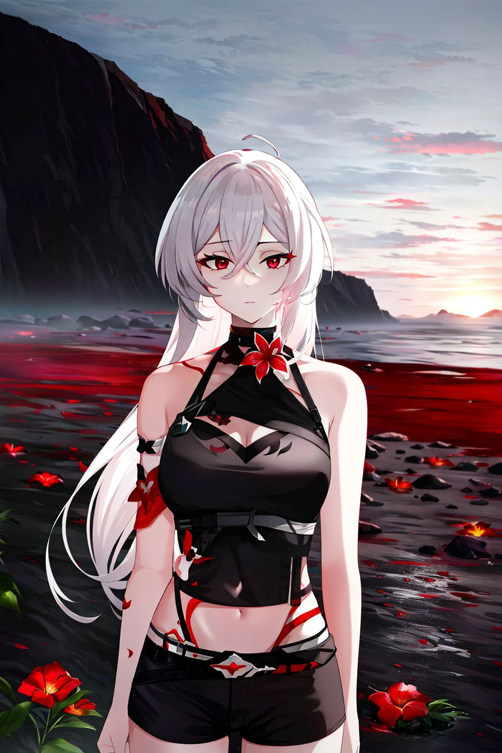 <lora:redacheron_SD:0.75> redacheron, wide angle lens, 1girl, long hair, absurdly long hair,  white hair, red eyes, pale skin, medium breasts, cleavage, black sleeveless top, black shorts, navel, midriff, honkai \(series\), red flowers, barren wasteland, black sand, black rocks, overcast, looking at viewer, volumetric fog, morning, sunrise, upper body, clear sky, white clouds, bright horizon