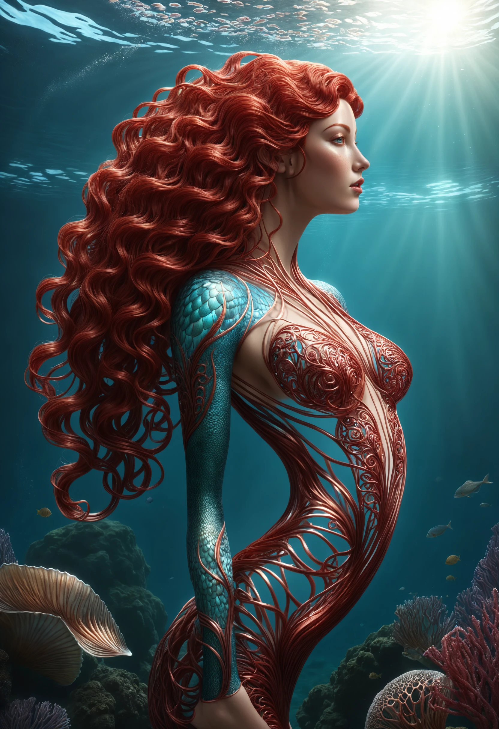 [half mermaid woman with long red (curly hair:1.2) | jellyfish ], trending on artstation, intricate artwork by Dan Hillier and Greg Rutkowski, octane render, hyperrealism, professionally color graded <lora:dvr-cpwr:1> dvr-cpwr