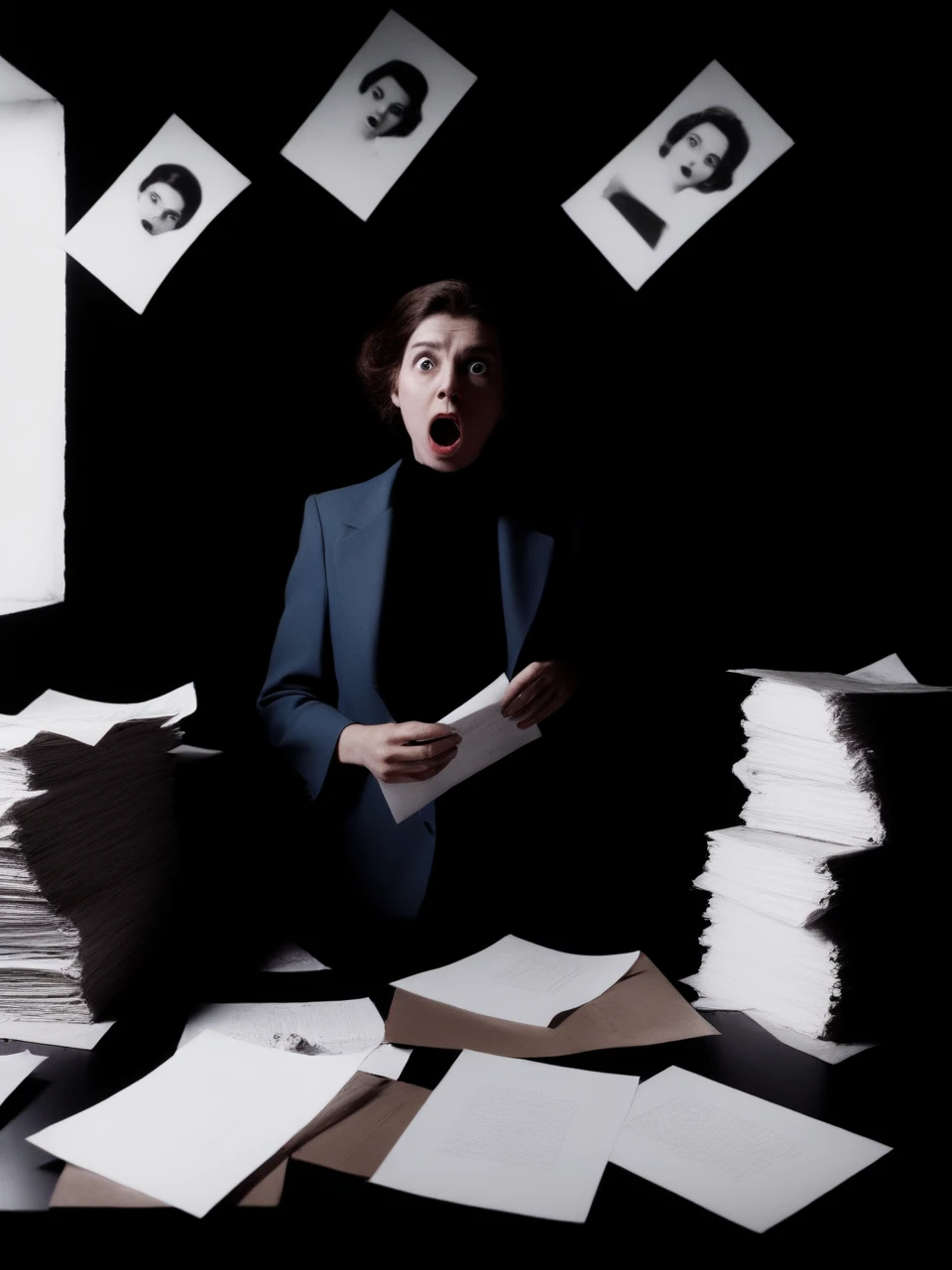 photo cinematic of surprised crackpot woman politologist , which is a person who studies politology; a political scientist., creepy, eerie, realistic, desolate dusty office full of dirty papers
barnum-melancholy