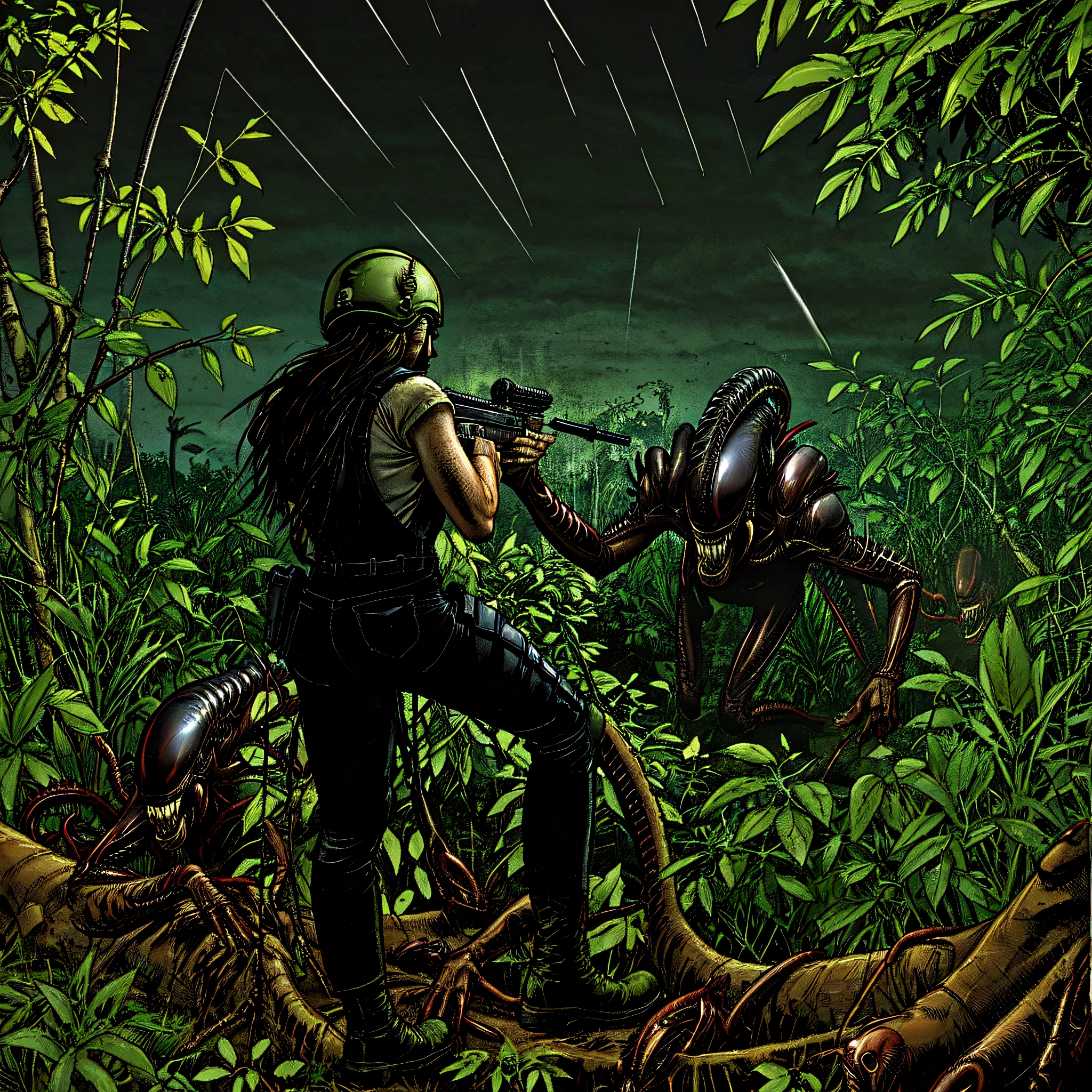 1girl, soldier, military uniform, helmet, boots, overalls, rifle, firefight, shooting, (monster, xenomorph,) jungle, trees, vines, rain, night,