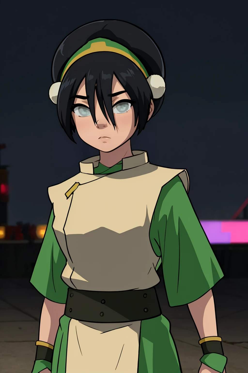 masterpiece, best quality,
1girl, toph, bangs, black hair, blind, grey eyes, hair between eyes, hair bun, hairband, short hair, short sleeves, tunic, chinese clothes,
upper body, looking at viewer, cyberpunk, solo, neon light, night, cyberpunk city background    <lora:Toph:1>