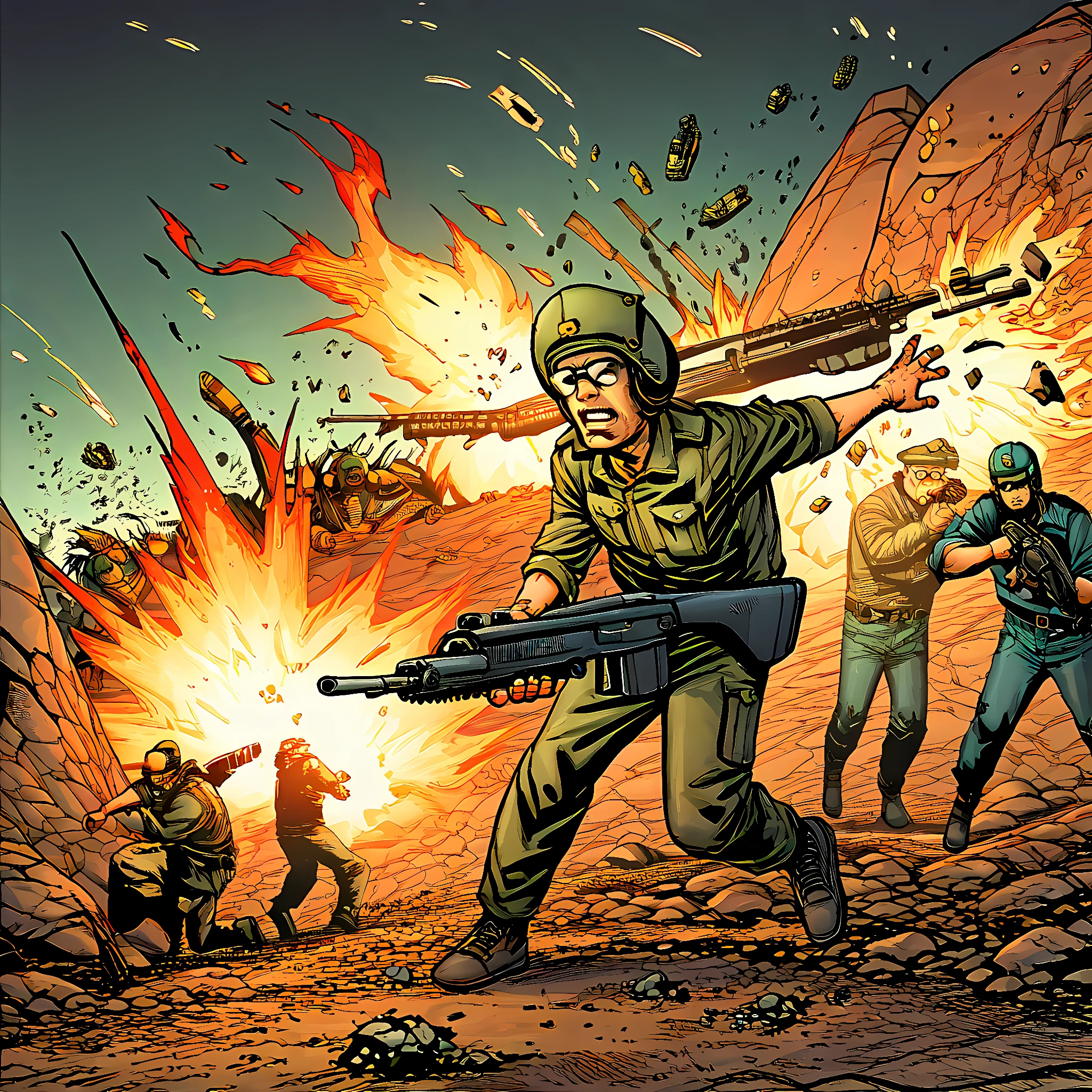 score_9, score_8_up, score_7_up, score_6_up, score_5_up, score_4_up, source_cartoon, BREAK, a group of soldiers in a battle with monsters, xenocomic, multiple boys, helmet, holding weapon, military, uniform, assault rifle, explosion, firing, fire, handgun, military vehicle, damaged, destruction, sunglasses, submachine gun, scared, debris, machine gun, retro artstyle