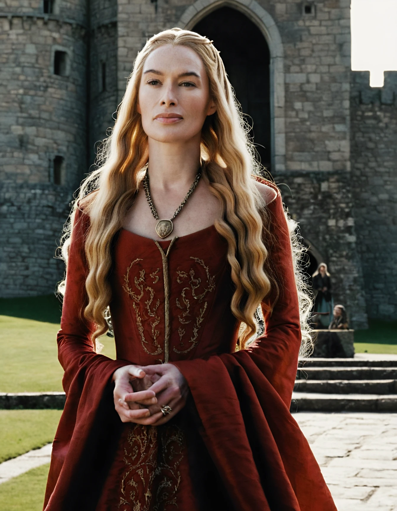 high resolution photo of crsi woman with long blonde hair,she is wearing red dress,full body shot,in front of a castle