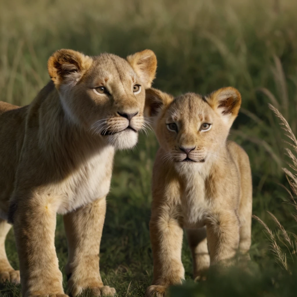 cinematic film still of  <lora:the lion king style:1>
In the African jungle a lion and a lioness standing next to each other in a field,realistic,realism,photorealism,hyperrealism,hyperrealistic,looking at viewer,brown eyes,closed mouth,outdoors,blurry,no humans,blurry background,animal,cat,animal focus,whiskers,lion , realistic, sharp, detailed, documentary style, film light style, movie still, photography, artistic, perfection, contrast, cinematic, filmic, high quality photo,  8k quality, colorful, different animals, national geographic style, the lion king style, shallow depth of field, vignette, highly detailed, high budget, bokeh, cinemascope, moody, epic, gorgeous, film grain, grainy