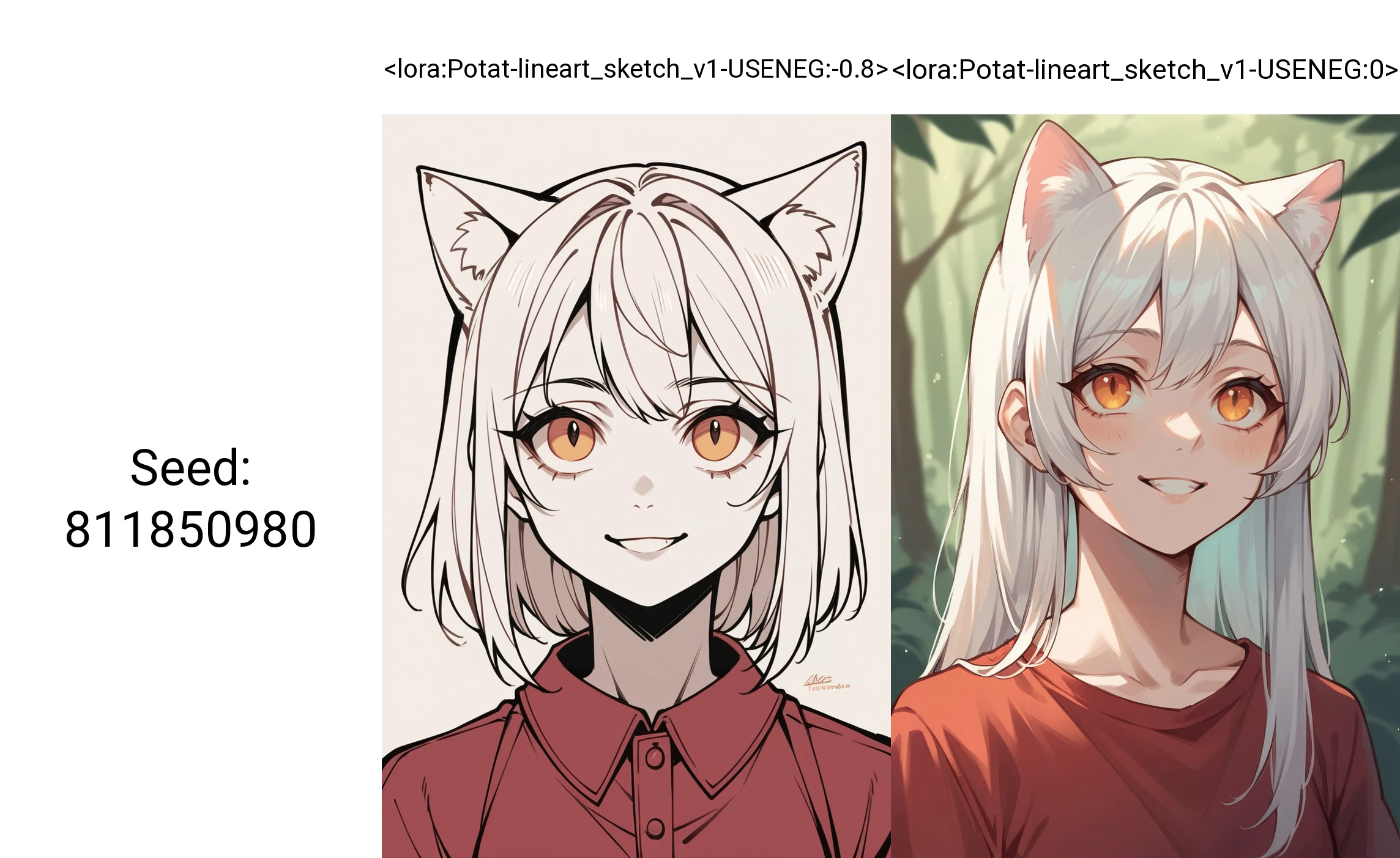 score_9, score_8_up,score_7_up, source_ anime,sketch, lineart, 1girl,cat ears, orange eyes, white hair, smiling, forest, upper body, looking up, red shirt,
<lora:Potat-lineart_sketch_v1-USENEG:-0.8>