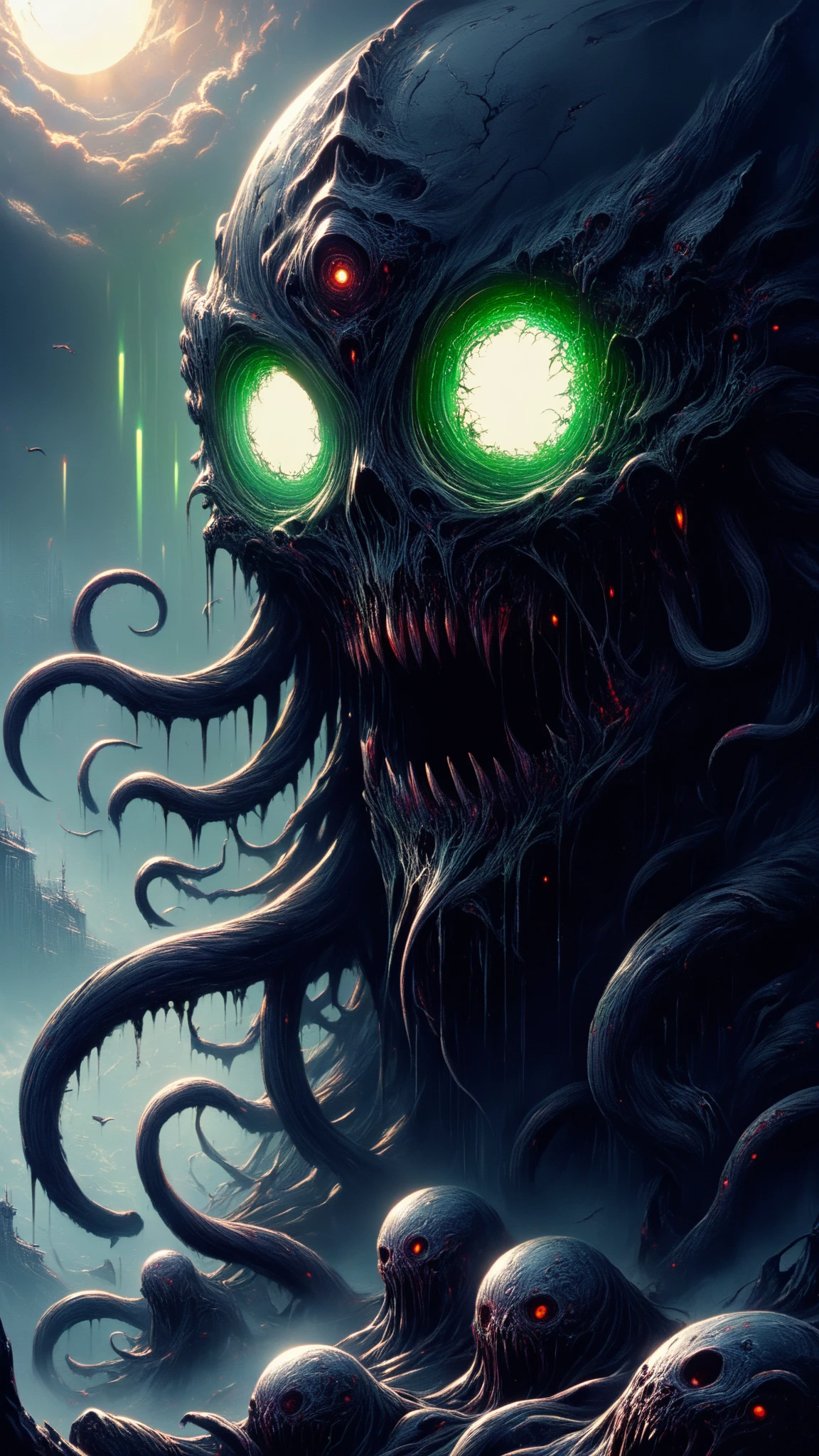 A dark fantasy scene depicting the terrifying creature Cthulhu,emerging from the abyss. The monstrous figure,shrouded in shadows,has large,((menacing tentacles reaching out toward the viewer:1.3)),The atmosphere is eerie and foreboding,with a stormy,nightmarish sky filled with swirling dark clouds. The sea below is turbulent and foamy,reflecting the chaos above. Dim,ghostly lights illuminate parts of Cthulhu’s form,enhancing the horror. The viewer feels an intense sense of dread as the tentacles draw nearer,creating a gripping,immersive experience.,(masterpiece:1.3),(highest quality:1.4),(ultra detailed:1.5),High resolution,extremely detailed,unity 8k wallpaper,(Draws a dark and decadent background,Expresses the fear that the viewer feels,collapses the bottom of the image,Know the love of the god of chaos,Please express it artistically by blurring it in some places.),dynamically,Presence,fear,despair,dark fantasy,Nervousness,Light and shadow,Cthulhu's head resembles an octopus,Use red as an accent color