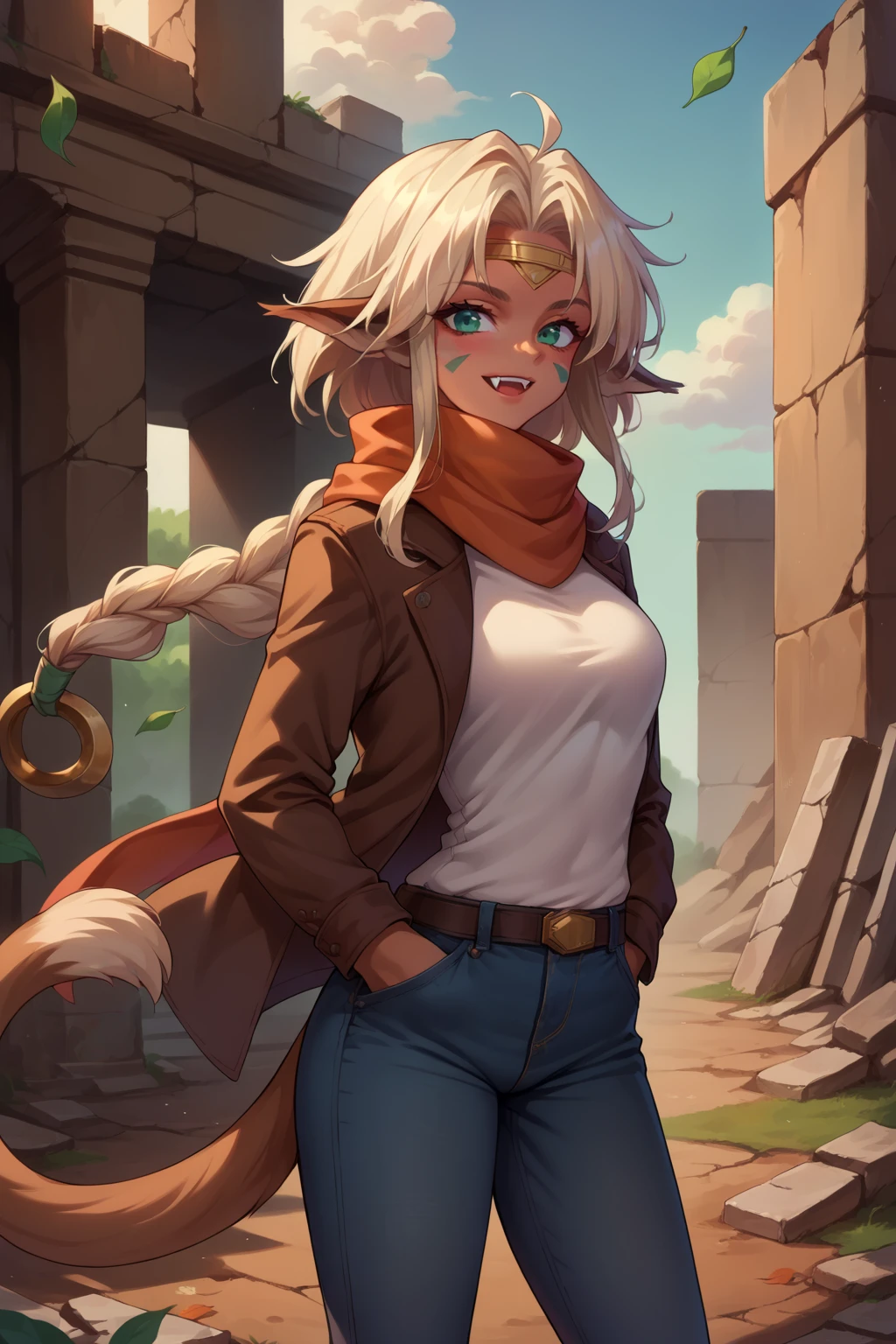 score_9, score_8_up, score_7_up, source_anime, cowboy shot, looking at viewer, smile, ascc, aqua eyes, fangs, facial marks, tail, long hair, ring hair ornament, single braid, circlet, scarf, turtleneck, jeans, hands in pocket, outdoors, wind, autumn, leaf, ruins, post-apocalypse, <lora:Hoseki_OutlawStar_AishaCC_PDXL_v1:1>