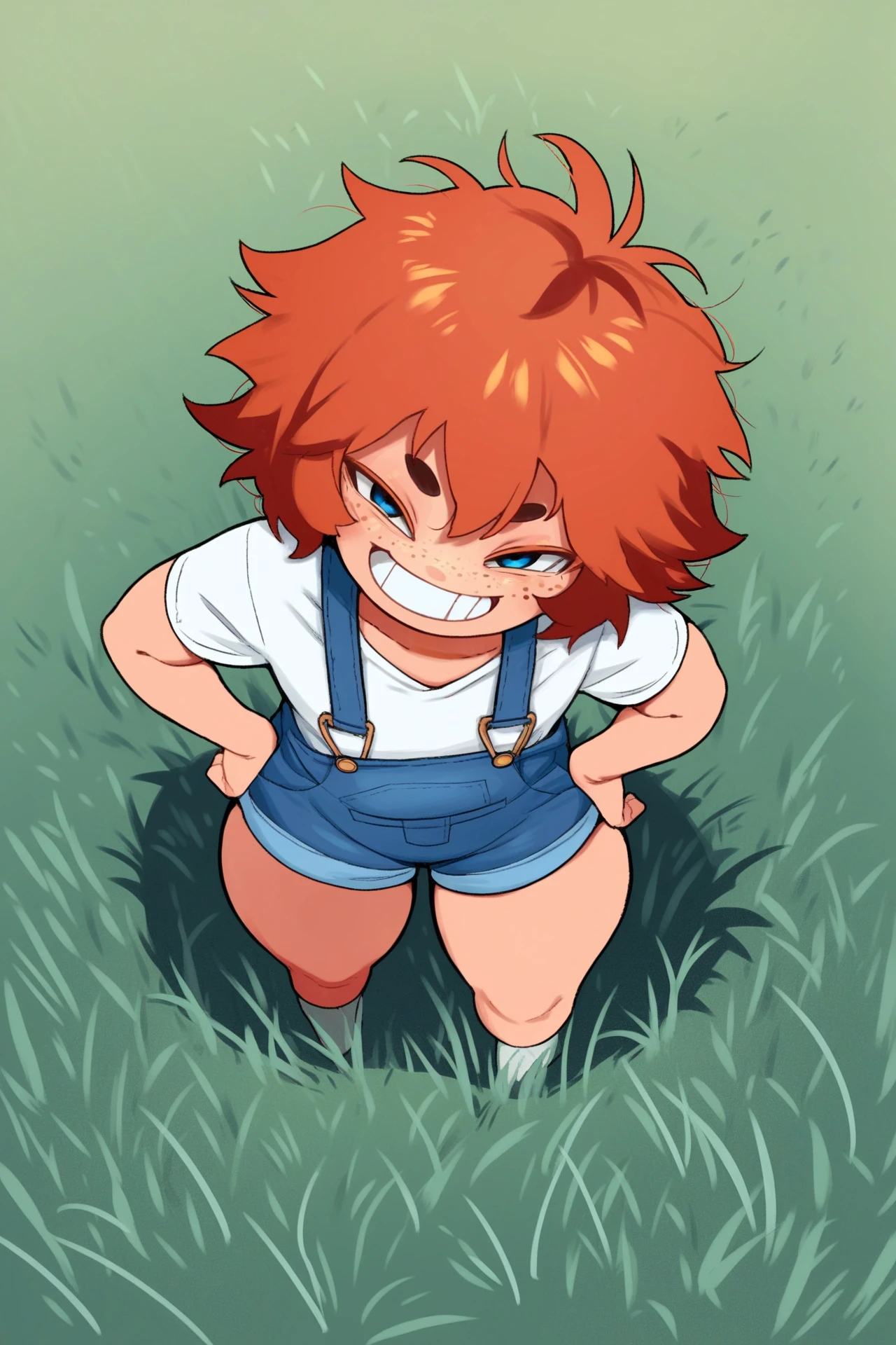 score_9, score_8_up, score_7_up, score_6_up, score_5_up, score_4_up, source_anime, front view, sidewalk, grass, high-angle view, close-up, looking at viewer, head tilt, orange hair, blue eyes, narrowed eyes, grin, smug, freckles, solo, female, human, short hair, messy hair, flat chested, short stack, white t-shirt, overalls, wide hips, thick thighs, hands on hips