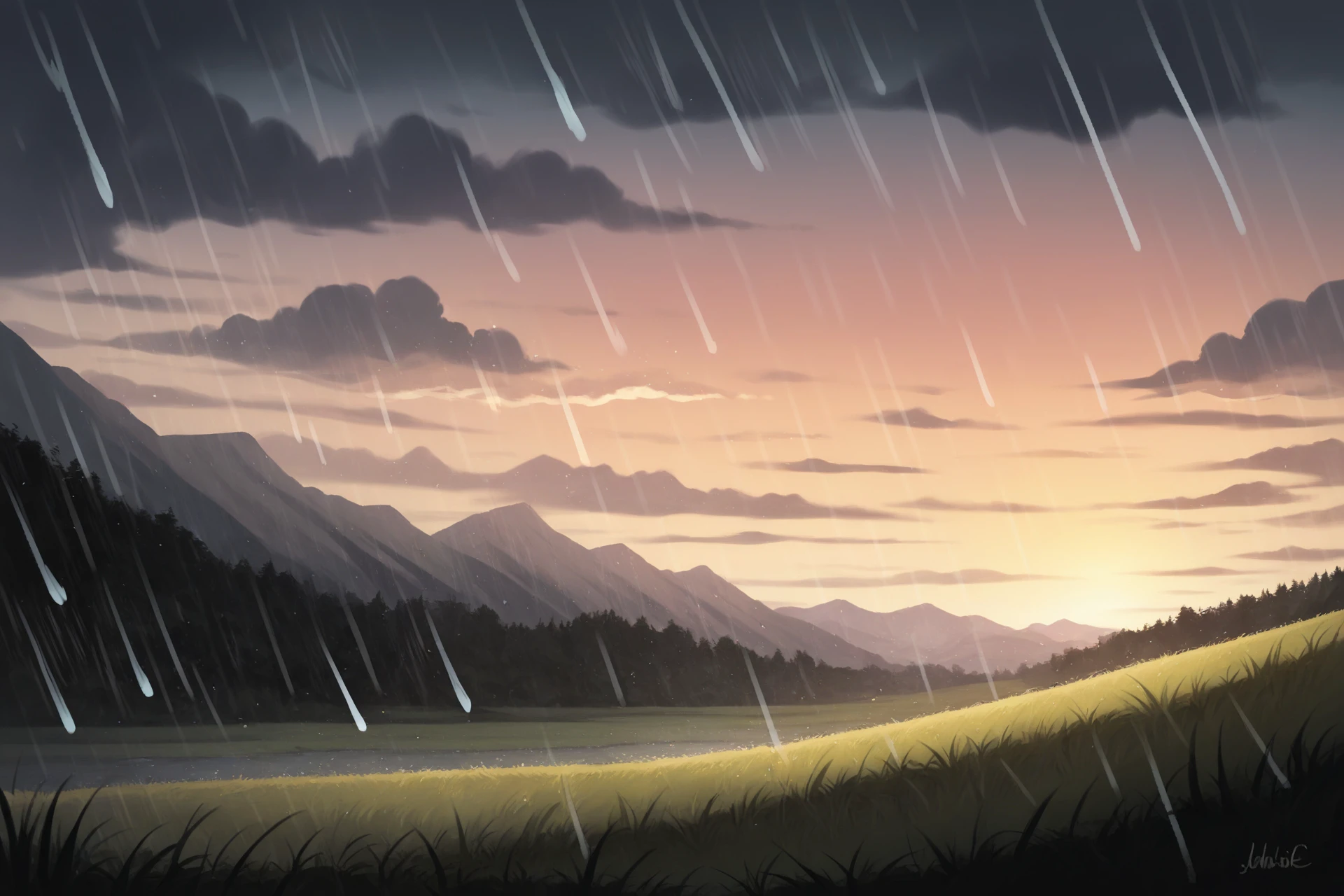 score_9, score_8_up, score_7_up, score_6_up, score_5_up, score_4_up, source_anime, field, grass, tree, mountainous background, sunset, sky, cloud, no humans, no subject, wind, rain, raining, speckled light
