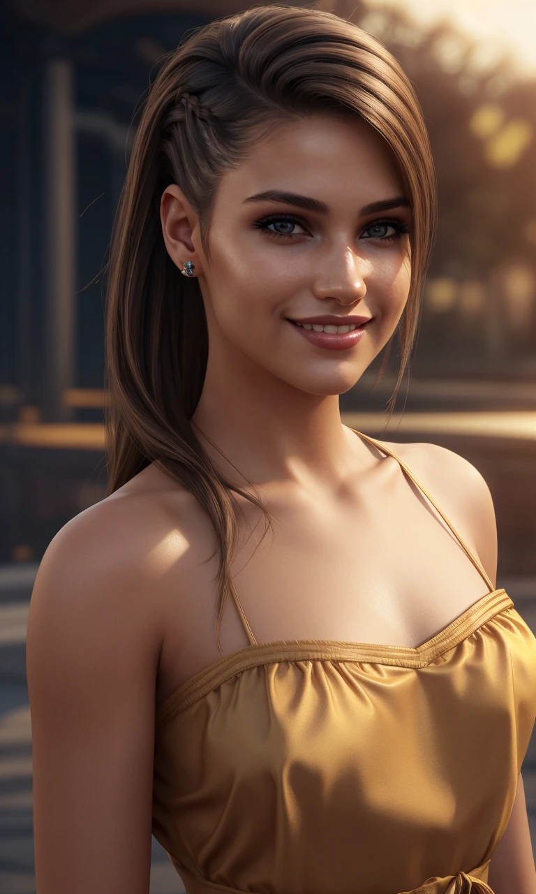 brundercut2024, 1girl, brunette, photorealistic, best quality, masterpiece, raw image, depth of field, smile, detailed skin, uhd, 8k, detailed eyes,  cinematic lighting, undercut, tanned Latina