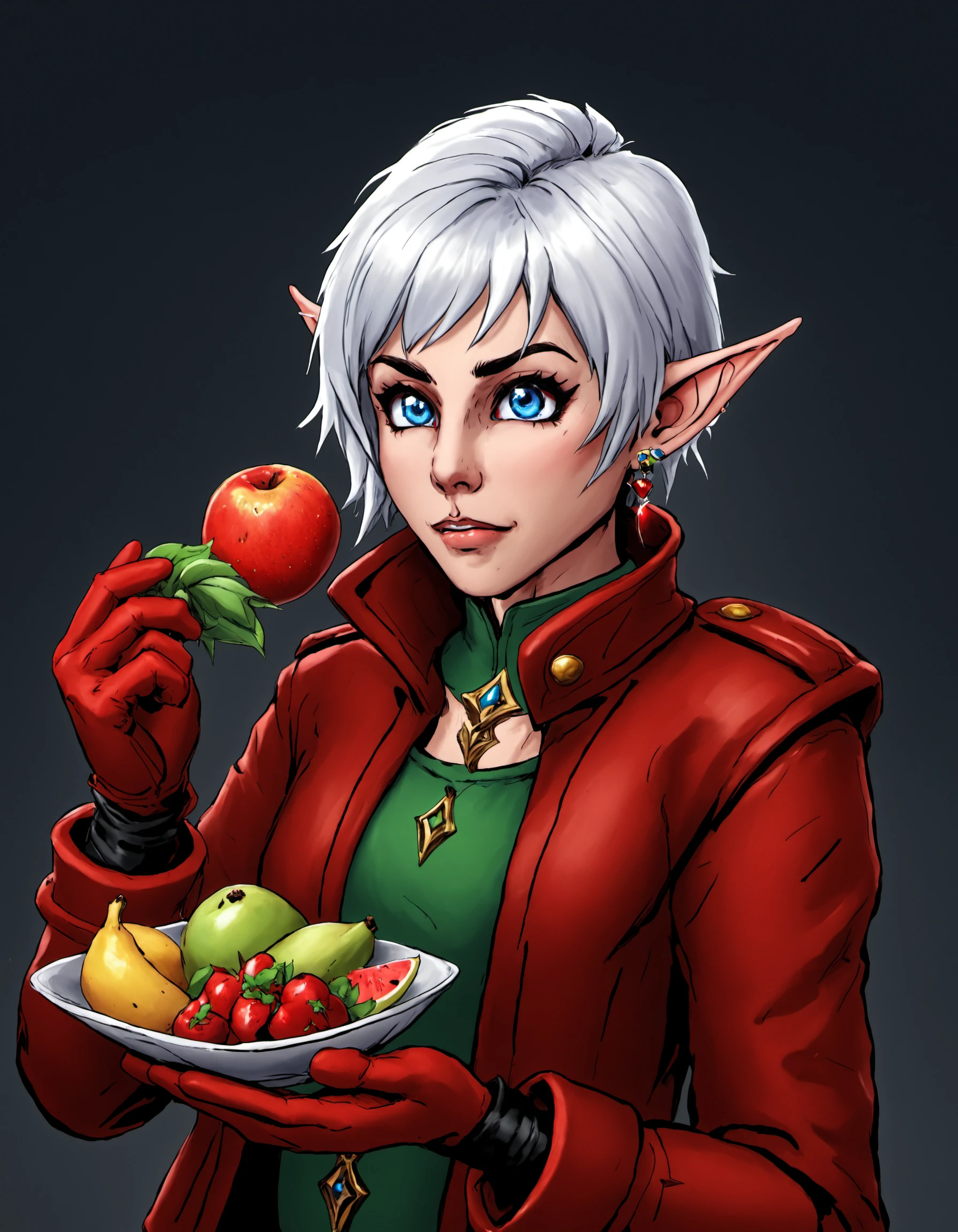 dskflatz ,  1girl, solo, short hair, open mouth, bangs, blue eyes, gloves, holding, jewelry, jacket, upper body, white hair, earrings, food, pointy ears, fingerless gloves, fruit, depth of field, holding food, elf, red jacket, red gloves, earclip, elezen, cinematic angle, masterpiece, official art, best quality, cinematic angle, dreamlike, <lora:DskArt_SDXL_V3:1>