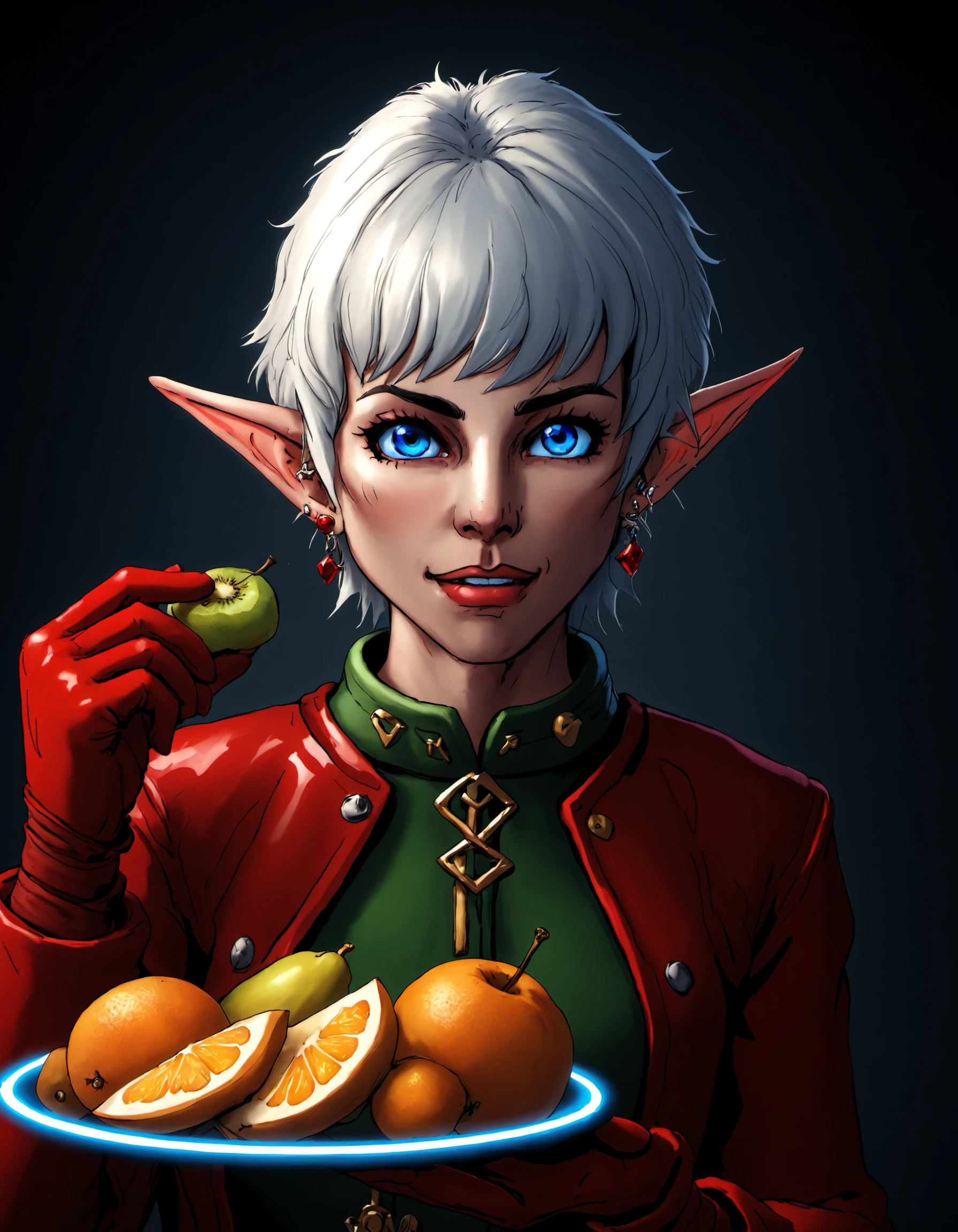 dskflatz ,  1girl, solo, short hair, open mouth, bangs, blue eyes, gloves, holding, jewelry, jacket, upper body, white hair, earrings, food, pointy ears, fingerless gloves, fruit, depth of field, holding food, elf, red jacket, red gloves, earclip, elezen, cinematic lighting, neon rim lighting, side lighting, rembrandt lighting, studio lighting, cinematic angle, masterpiece, official art, best quality, cinematic angle, dreamlike, <lora:DskArt_SDXL_V3:1>