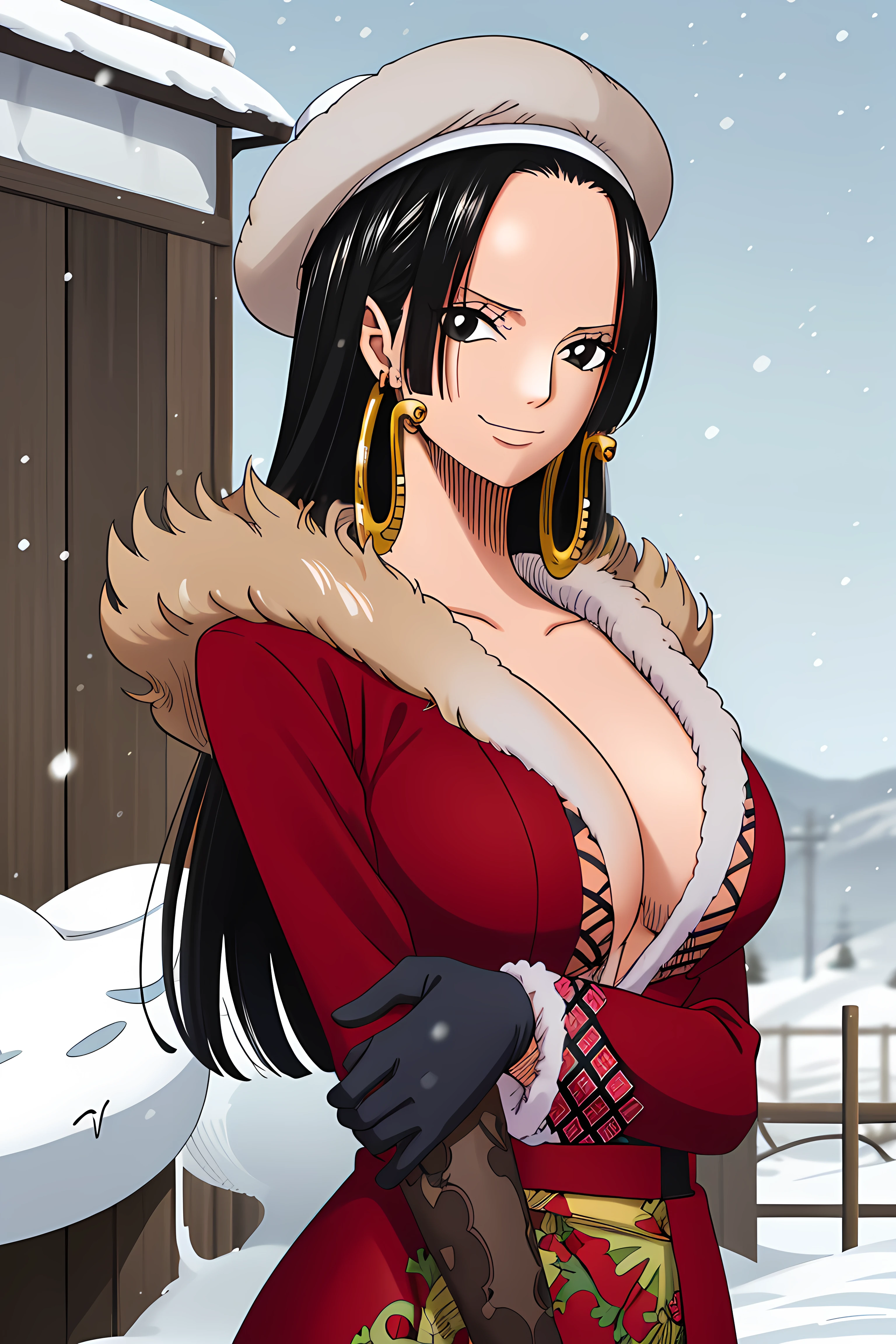 1girl, <lora:hebihime-09:1>, hebihime, large breasts, earrings, looking at viewer, closed mouth, cinematic, blurred background, (fur jacket, gloves, snowing:1.2), date, slight smile, peace sign, hat, cowboy shot, arms crossed
