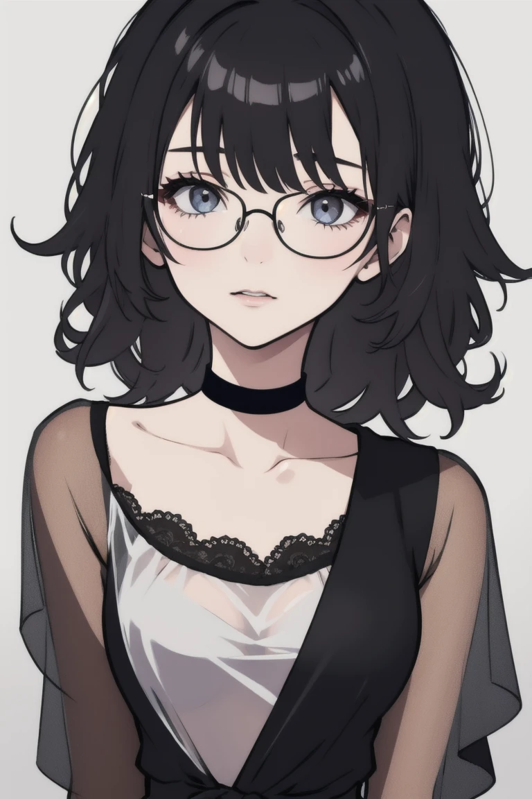 (masterpiece, best quality), 1girl, messy hair, choker, black silk pajamas, see-through, glasses,