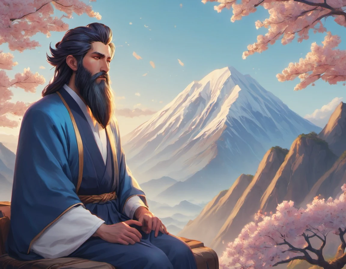 japan-ish, tall (Male Rabbi:1.2) , the Rabbi has Caramel hairstyle, background is mountains, Azure roots, Simple and clean, Boho, F/8, icon style, League of Legends Splash Art, simplistic