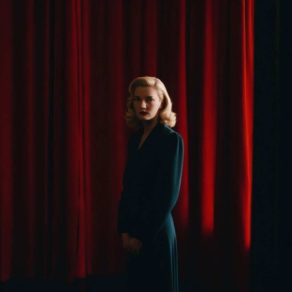 cinematic film still of  <lora:Twin Peaks style:0.5>
In the 1990's a statue of a woman standing in a room with a red curtain,1girl,solo,blonde hair,1boy,standing,male focus,curtains,throne , realistic, sharp, detailed, classic, 1990's suspense style, film light style, photography, artistic, perfection, contrast, cinematic, filmic, high quality photo,  David Lynch style, Twin Peaks style, shallow depth of field, vignette, highly detailed, high budget, bokeh, cinemascope, moody, epic, gorgeous, film grain, grainy