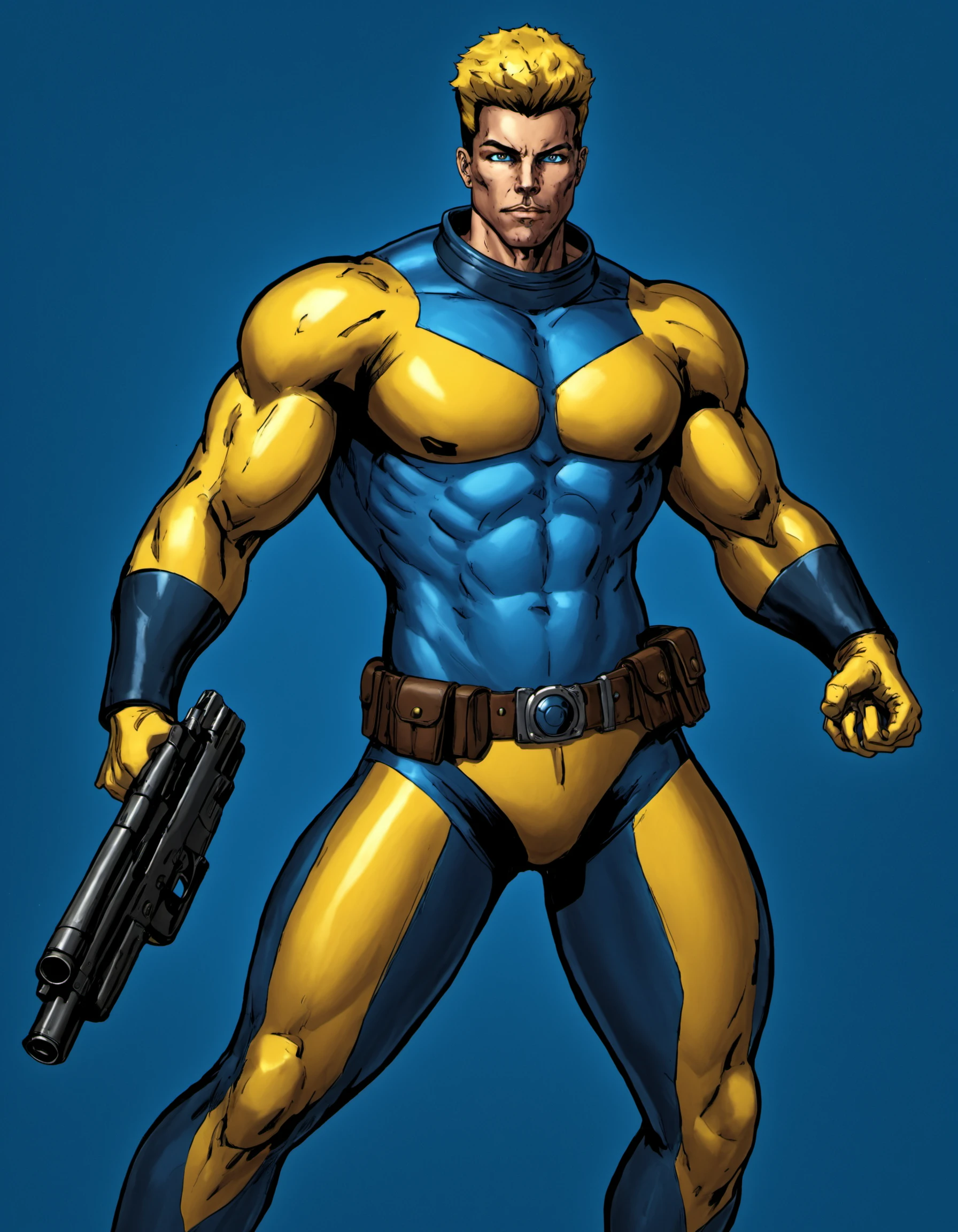 dskflatz , sweapon, 1boy, gun, male focus, science fiction, retro artstyle, bodysuit, muscular, holding weapon, holding gun, belt, two tone bodysuit, yellow bodysuit, blue bodysuit, masterpiece, official art, best quality, cinematic angle, dreamlike, <lora:DskArt_SDXL_V3:1>