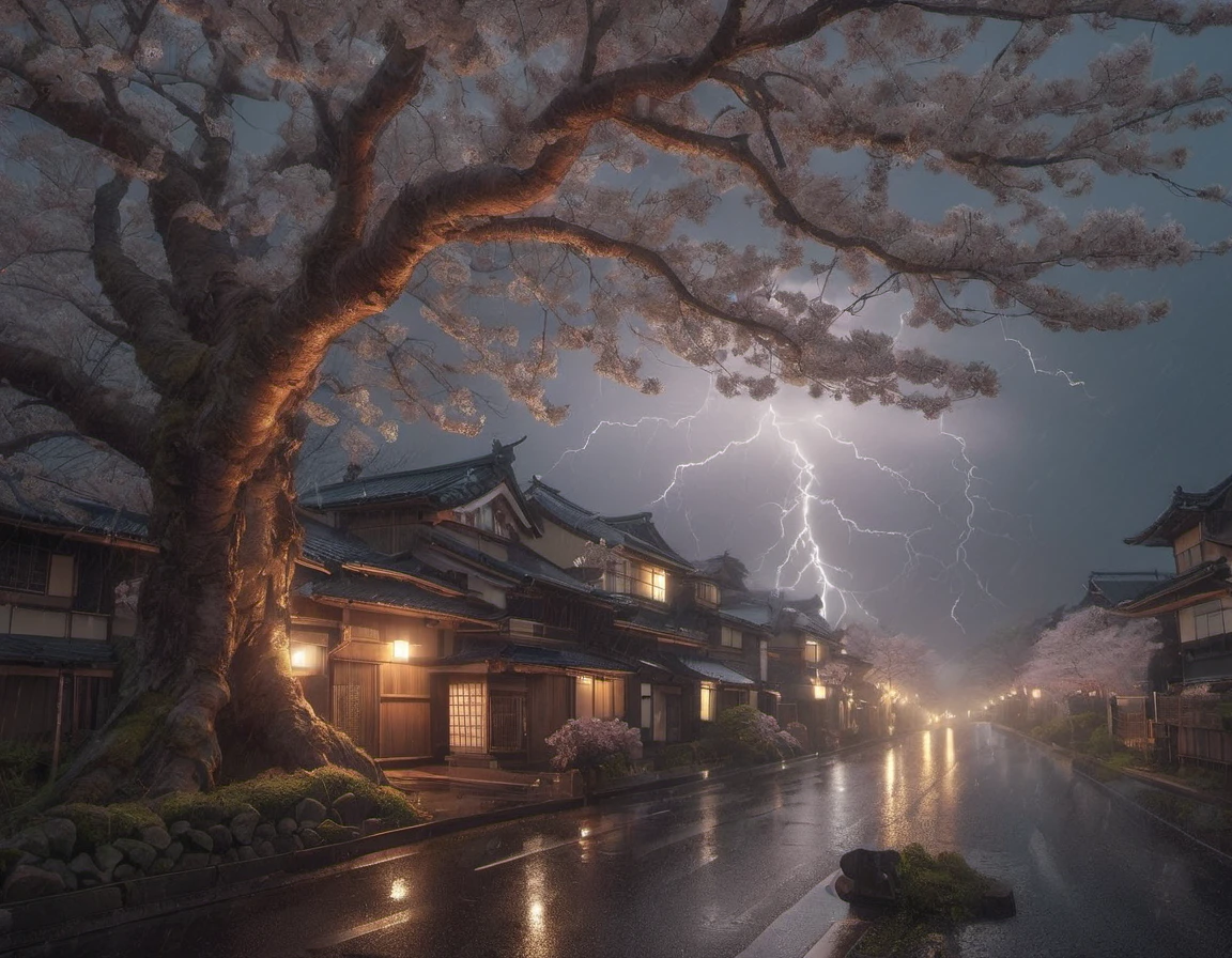 japan-ish, Bark, Illuminated, Thunderstorm, Magic Realism, insane details, photo