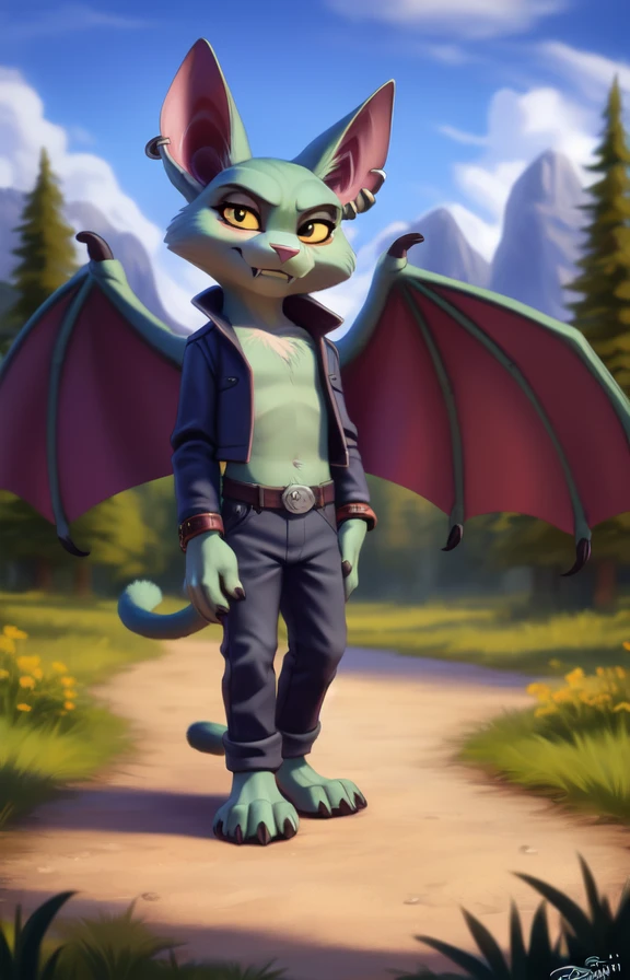 CatBatCrashTeamRumble  <lora:CatBatCrashTeamRumble:0.9>  , yellow sclera, green skin, wings, fangs, pants, piercings, chibi,
textured fur, [Forest, path, trees, sky clouds, mountains,] solo,  looking at viewer, to his full height,  boy male,  wristband on the tail,
[by personalami], by smitty g, [[[by Foxovh]]], [[by Ross Tran]]