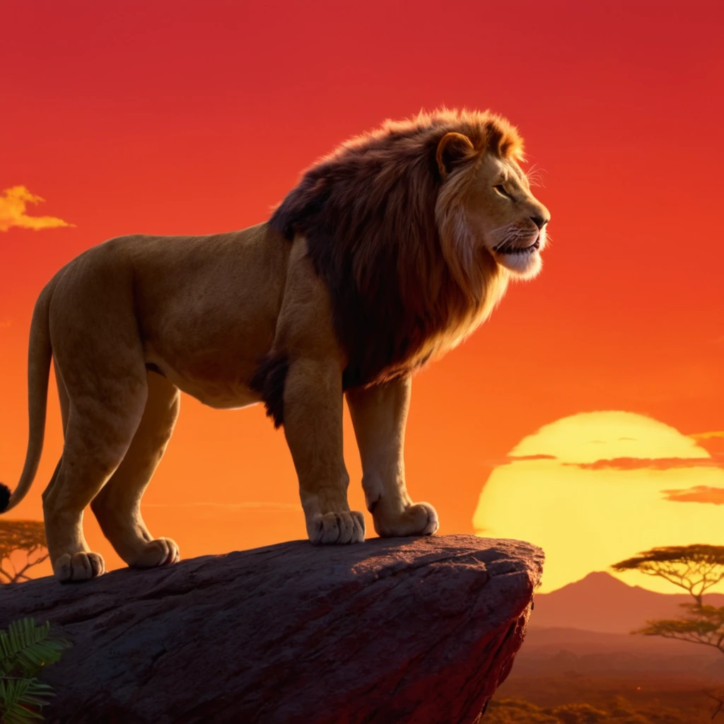 anime artwork of  <lora:the lion king style:1>
In the African jungle a villain lion standing on a rock in front of a red sky,cartoon,anime,animation,solo,tail,yellow eyes,no humans,glowing,glowing eyes,dog,red theme , realistic, sharp, detailed, documentary style, film light style, movie still, photography, artistic, perfection, contrast, cinematic, filmic, high quality photo,  8k quality, colorful, different animals, national geographic style, the lion king style, anime style, key visual, vibrant, studio anime,  highly detailed