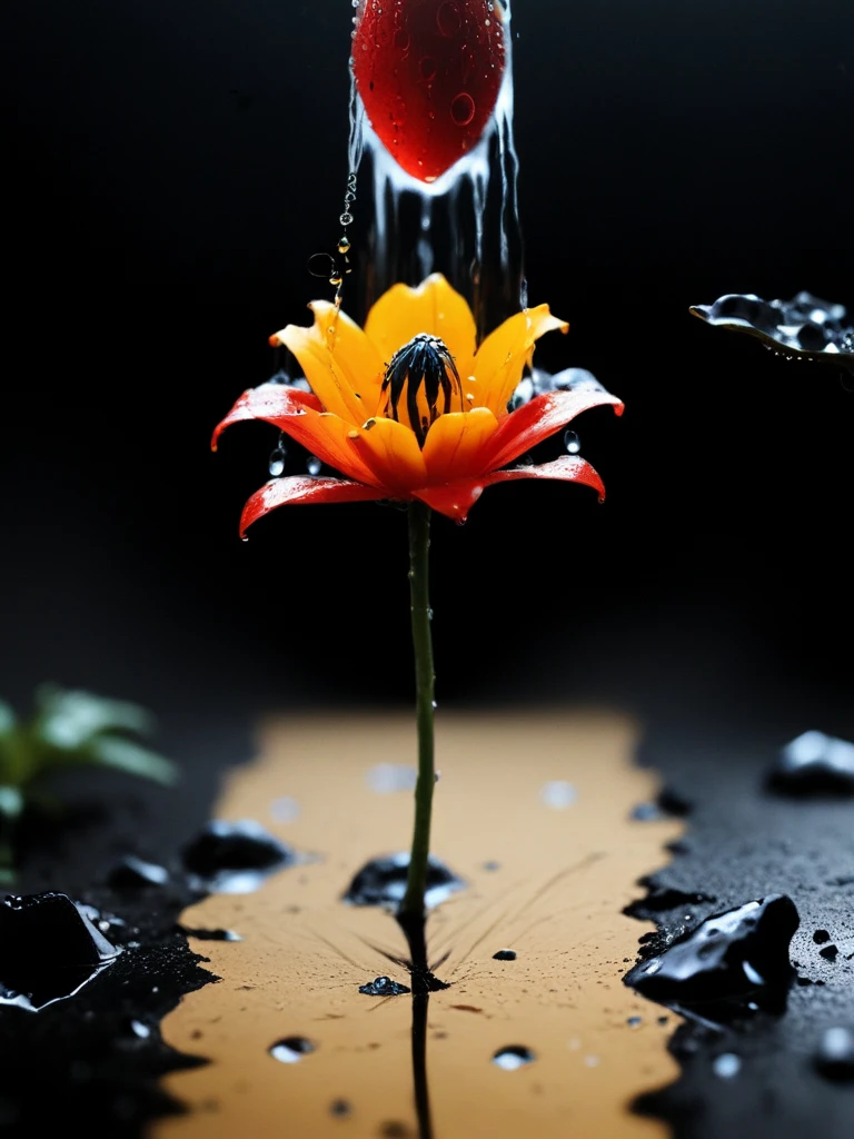 photo cinematic of growing flower from a cracked rock barnum-melancholy, creepy, eerie, realistic, rain raindrops water particles